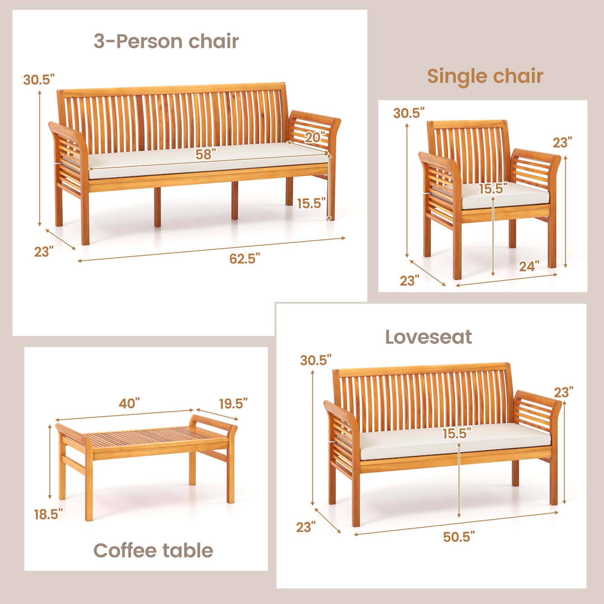 The text on the image can be grouped and corrected as follows:

1. 3-Person chair: 30.5"
2. Single chair: 30.5"
3. Loveseat: 40"
4. Coffee table: 23"

The image shows a variety of wooden furniture items, including a bench, a loveseat, and a coffee table. The measurements provided in the image help to understand the size and dimensions of each piece of furniture.