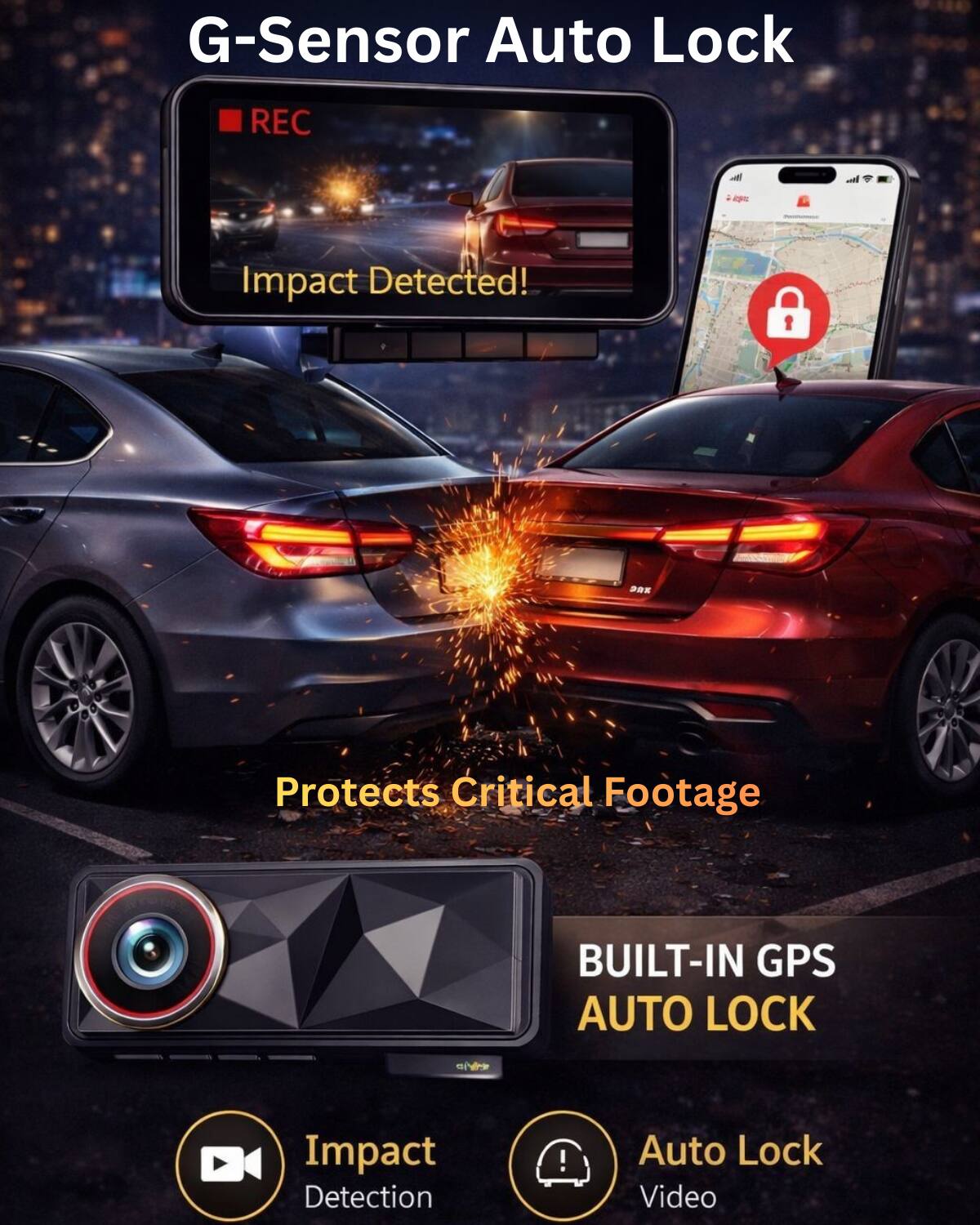 G-Sensor Auto Lock  
Impact Detected!  
Protects Critical Footage  

BUILT-IN GPS AUTO LOCK  
Impact Detection  
Auto Lock Video
