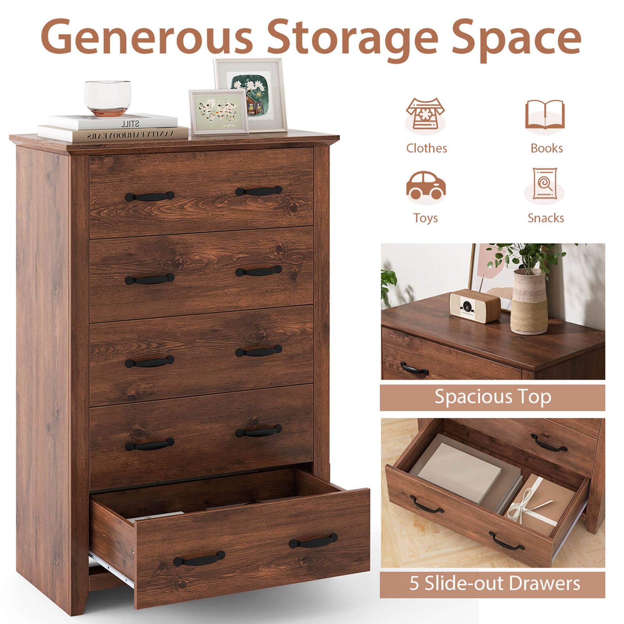 Generous Storage Space, Spacious Top, 5 Slide-out Drawers, Clothes, Books, Toys, Snacks