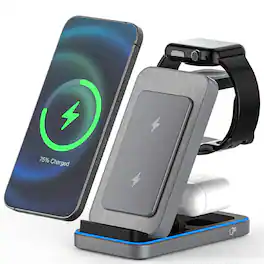 RISOKEYS - 15W Foldable 3-in-1 Wireless Charging Stand, Power Adapter for Apple iPhone, Watch, and Earphones - Gray