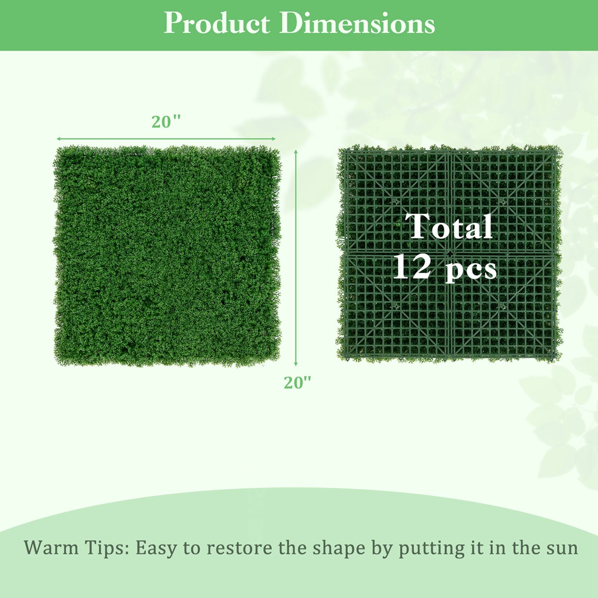 Product Dimensions  
20" x 20"  
Total 12 pcs  

Warm Tips: Easy to restore the shape by putting it in the sun