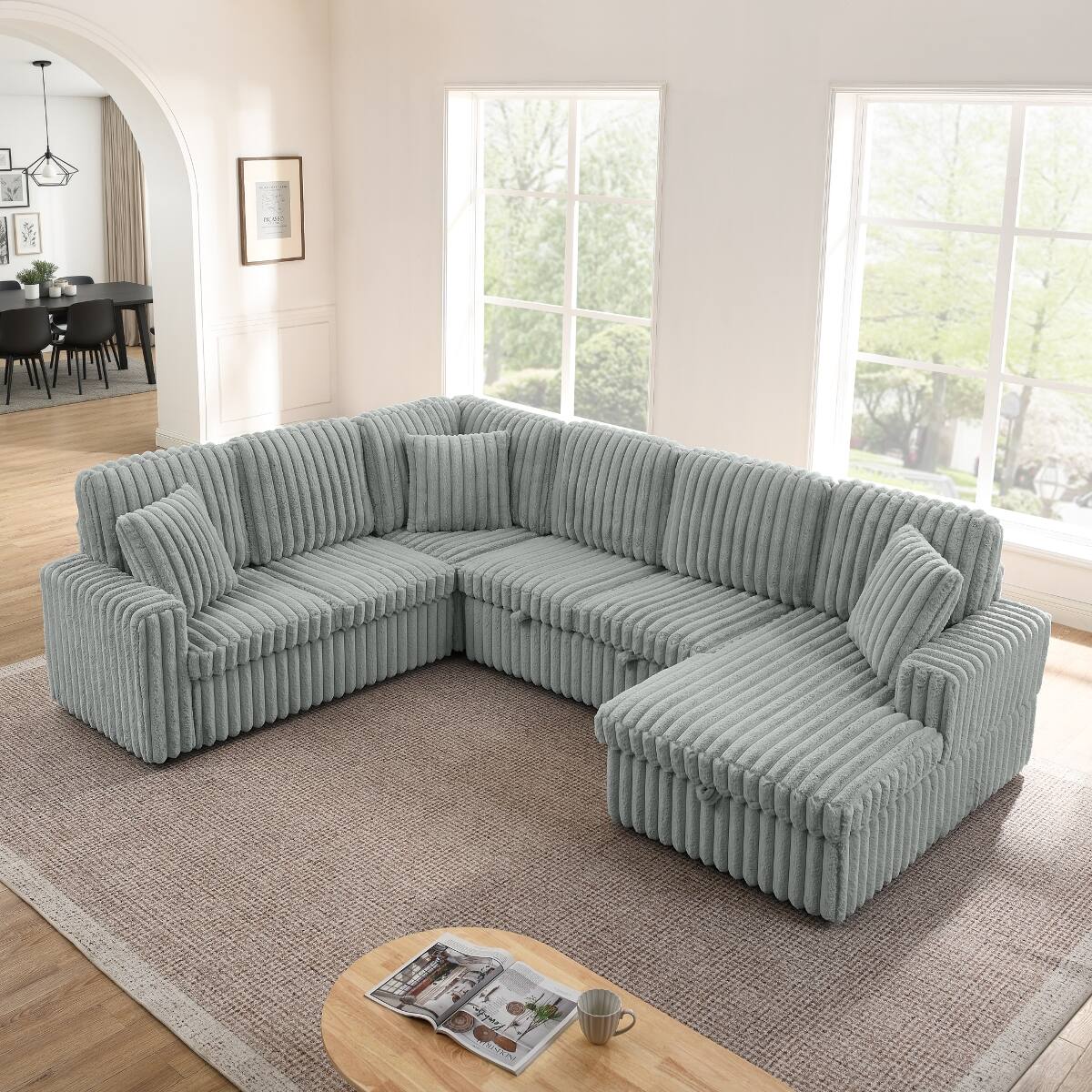 Back. Ropilly - Ropilly U Shaped Sectional Sofa, Corduroy Upholstered Pull Out Sofa Bed with Storage Chaise, Grey - Grey.