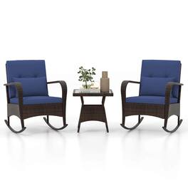 Costway - 3 PCS Rocking Bistro Set with Removable Cushions & Tempered Glass Top Coffee Table - Navy