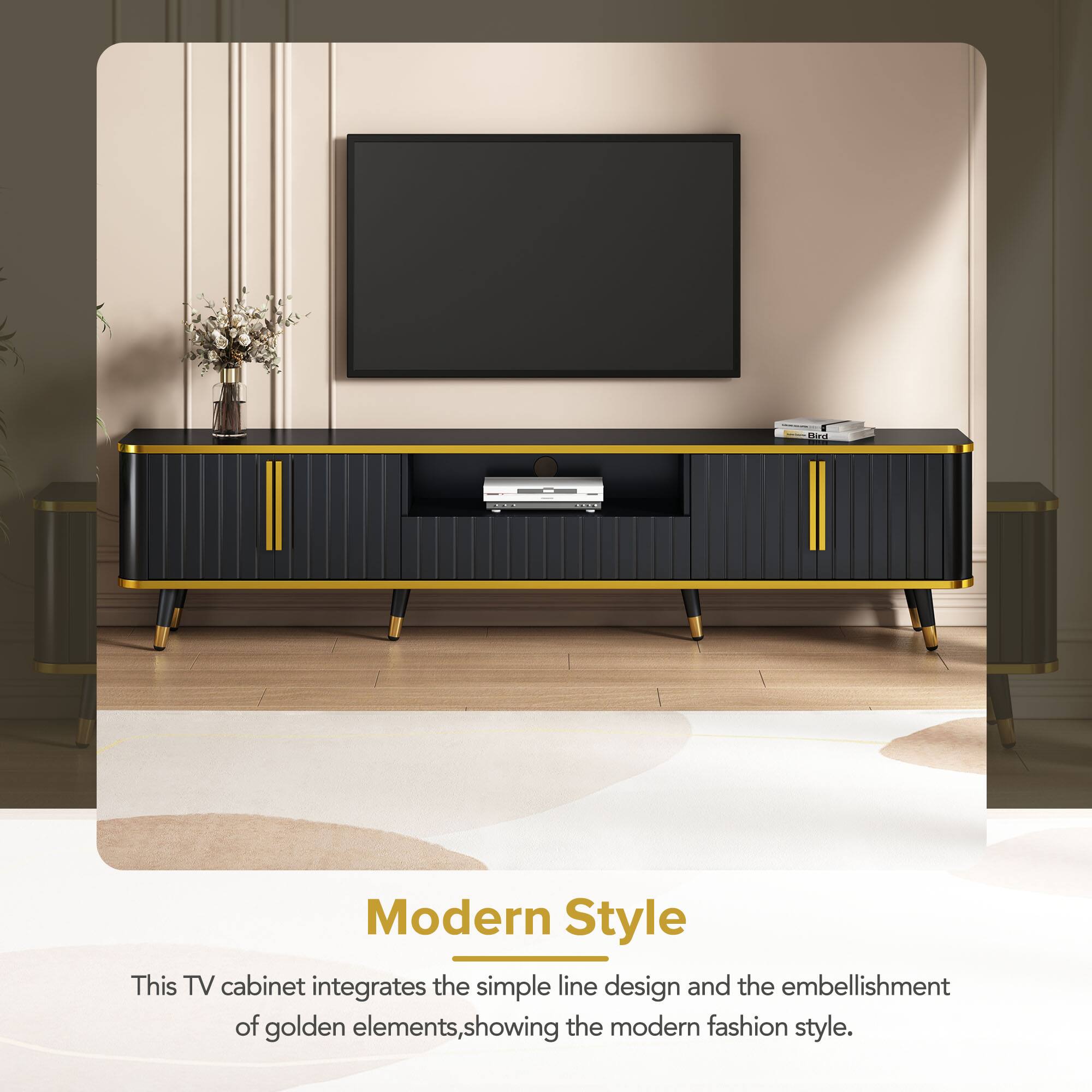 Modern Style

This TV cabinet integrates the simple line design and the embellishment of golden elements, showing the modern fashion style.