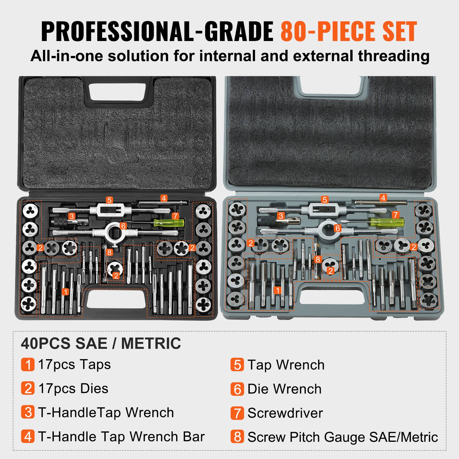 PROFESSIONAL-GRADE 80-PIECE SET  
All-in-one solution for internal and external threading  

40PCS SAE / METRIC  
1. 17pcs Taps  
2. 17pcs Dies  
3. T-Handle Tap Wrench  
4. T-Handle Tap Wrench Bar  
5. Tap Wrench  
6. Die Wrench  
7. Screwdriver  
8. Screw Pitch Gauge SAE/Metric