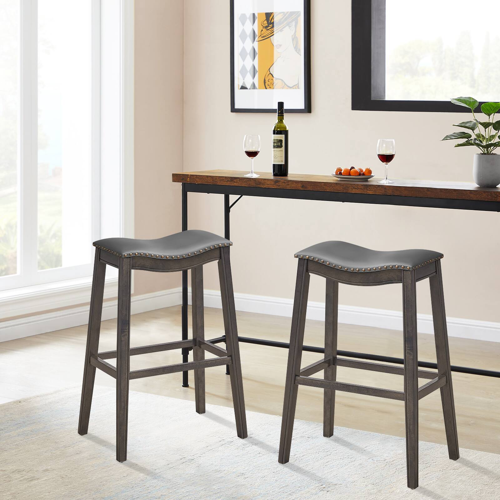 Alt View 8. Ecooso - 29 Inch Set of 2 Backless Wood Nailhead Barstools with PVC Leather Seat - Gray.