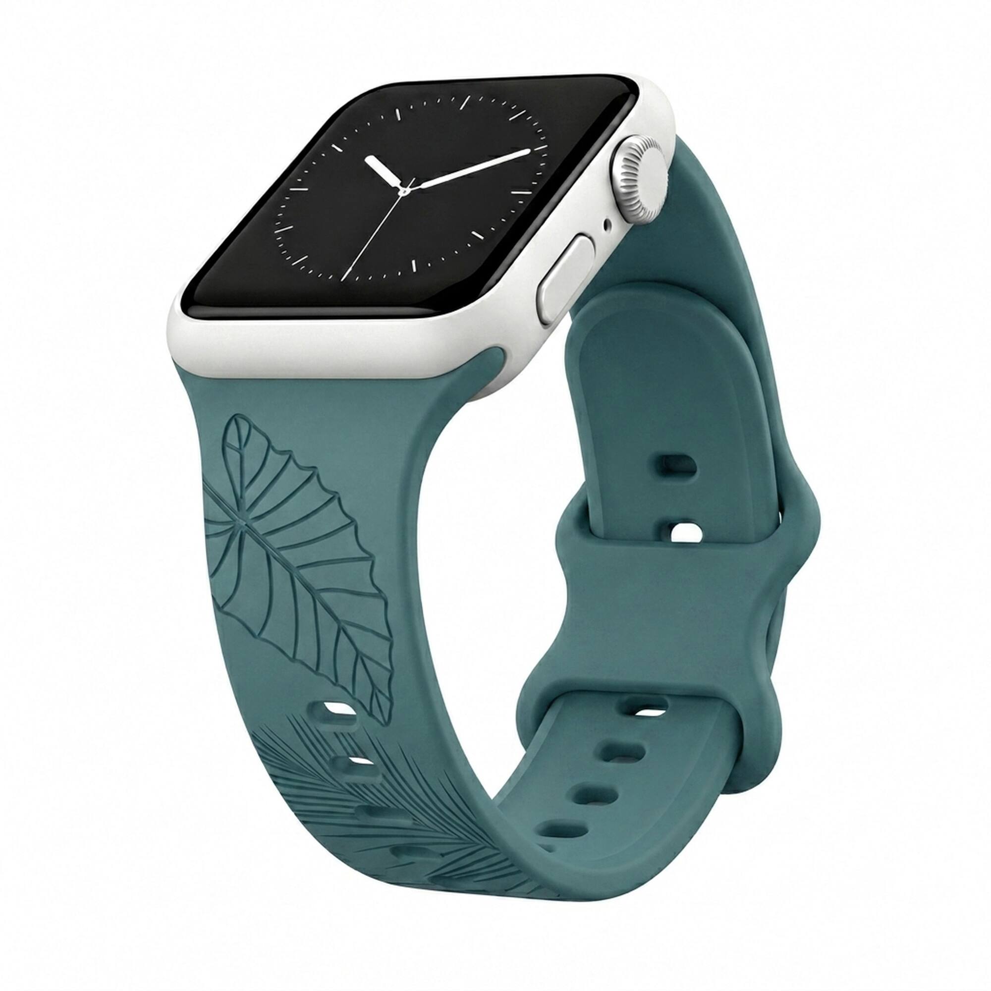 Front. ROXTRO - Dusty Jungle Tropical Engraved Silicone Watch Band Apple Watch Compatible LARGE WATCH 49/46/45/44mm (42mm Series 1-3) - Dusty Jungle Green.