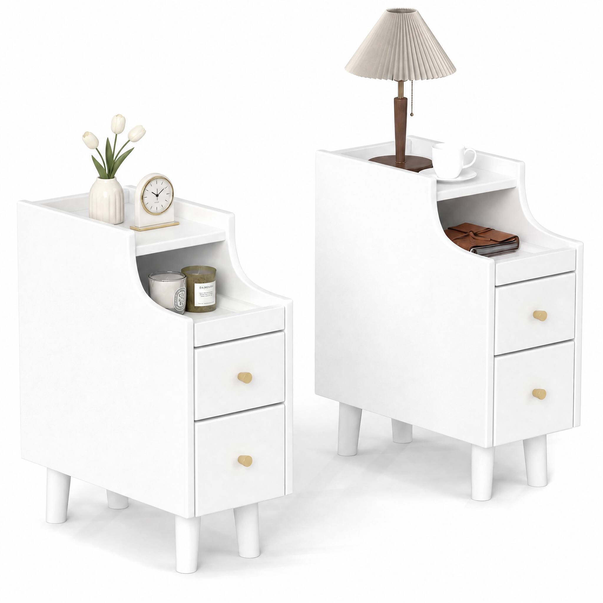 Back. WELLFOR - Set of 2 Solid Wood Nightstands with Pull-out Tray and 2 Storage Drawers - White.