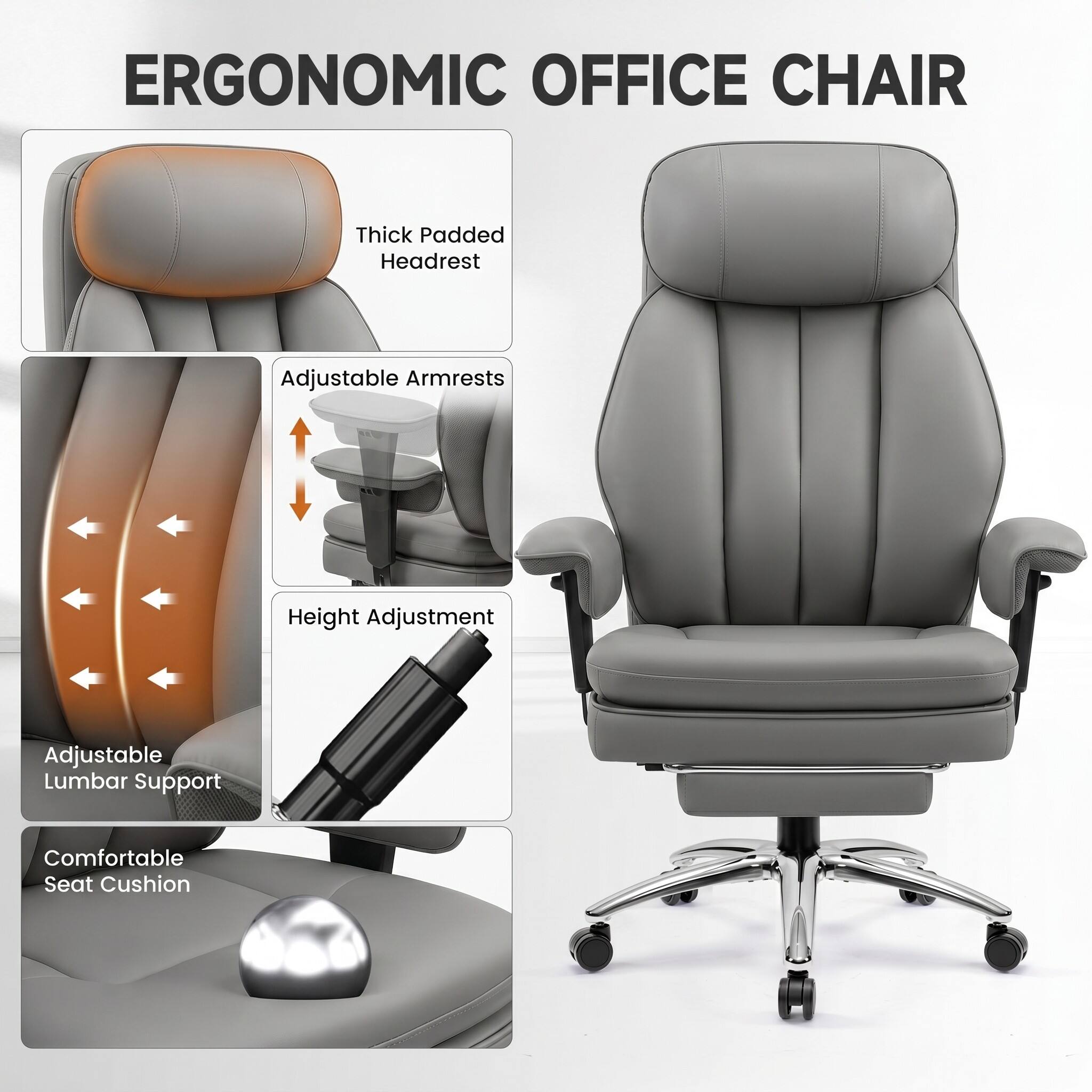 ERGONOMIC OFFICE CHAIR

- Thick Padded Headrest
- Adjustable Armrests
- Height Adjustment
- Adjustable Lumbar Support
- Comfortable Seat Cushion