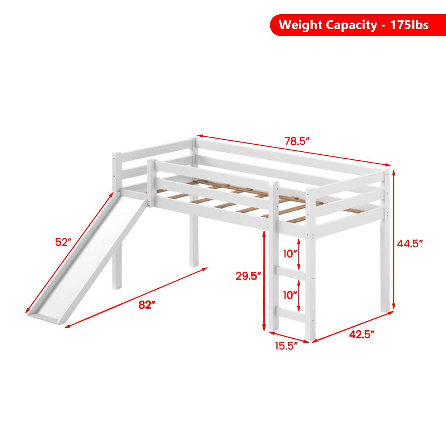 Weight Capacity - 175lbs  
78.5"  
52"  
10"  
44.5"  
29.5"  
82"  
10"  
15.5"  
42.5"