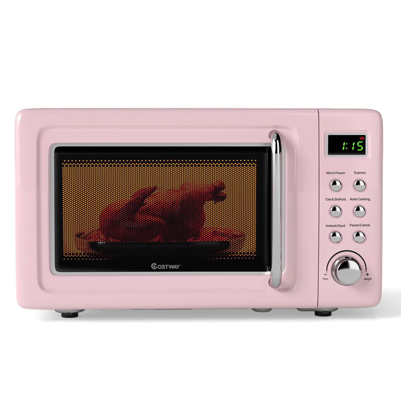 Costway - 0.7 Cu.ft Retro Countertop Microwave Oven 700W LED Display Glass Turntable - Pink