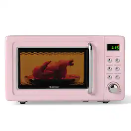 Costway - 0.7 Cu.ft Retro Countertop Microwave Oven 700W LED Display Glass Turntable - Pink