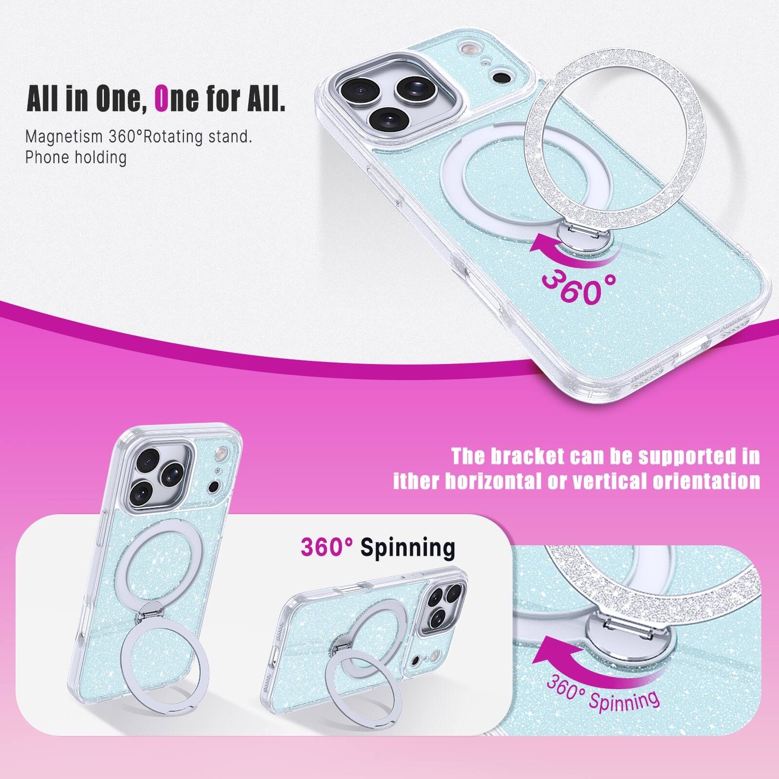All in One, One for All.  
Magnetism 360° Rotating stand.  
Phone holding  

The bracket can be supported in either horizontal or vertical orientation  

360° Spinning  
360° Spinning