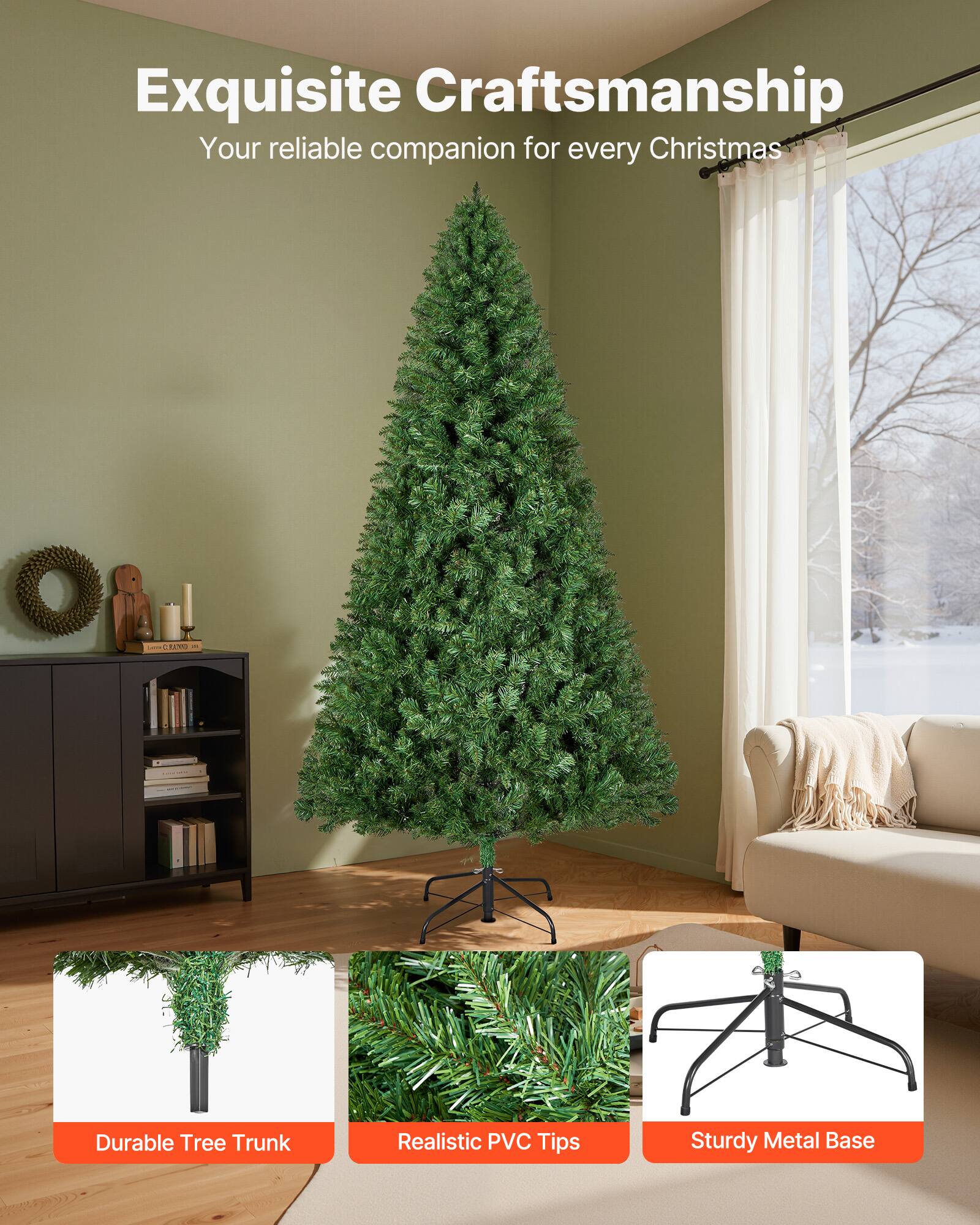 Exquisite Craftsmanship  
Your reliable companion for every Christmas  

Durable Tree Trunk  
Realistic PVC Tips  
Sturdy Metal Base