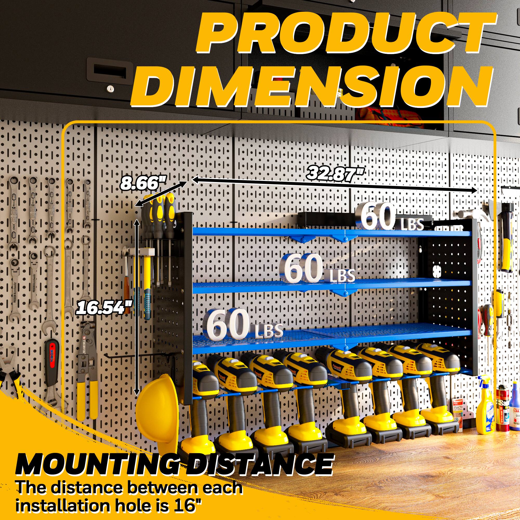 PRODUCT DIMENSION - 8.66" x 16.54" x 32.87"  
60 LBS  
60 LBS  
60 LBS  

MOUNTING DISTANCE  
The distance between each installation hole is 16"