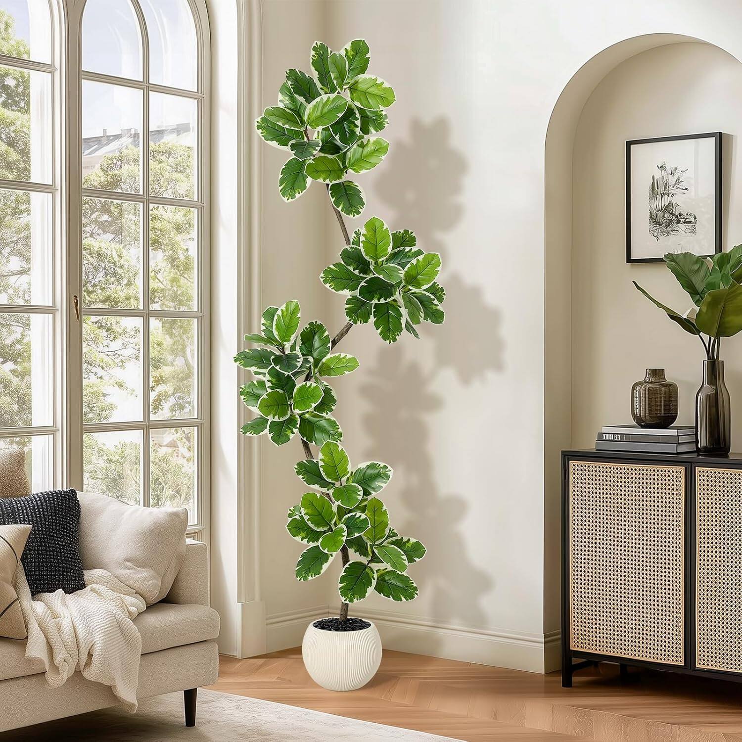 Front. Homhougo - Fiddle Leaf Fig Tree Artificial Indoor, 7 ft Tall Faux Rubber Tree with Sphere Planter, Tall Artificial Plants with - Green.