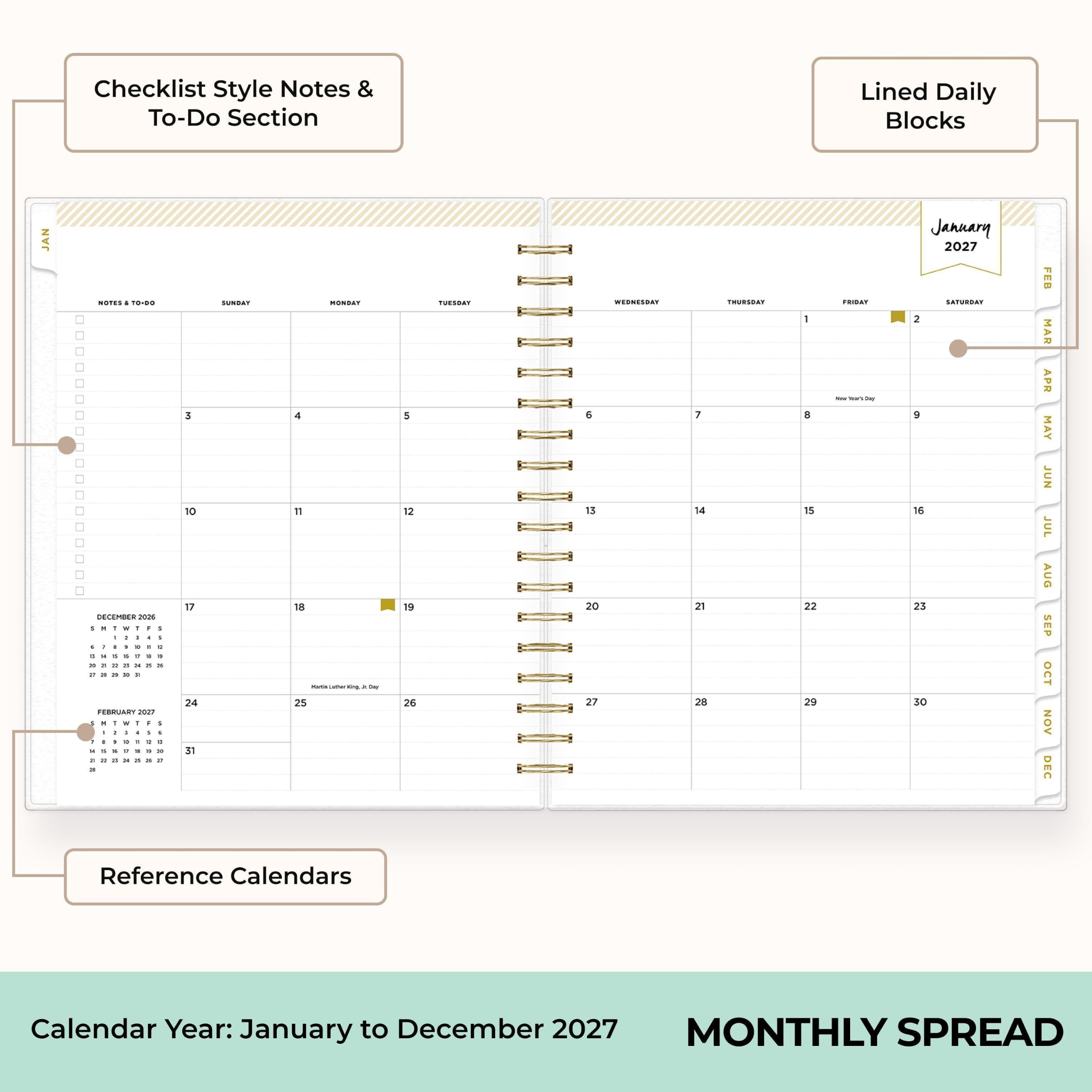 Checklist Style Notes & To-Do Section

Lined Daily Blocks

January 2027

NOTES - TO-DO DECEMBER 2025
1. g W 1 I 1 1 1 5 6 1 . 9 - 9 1 . a a x . a
FEBRUARY 2027
1. : W 1 I : 1 2 of 5 Y  5 0 , - * . Y . 0 F N 21 & at .  2

3 10 17 24 31
SUNDAY
MONDAY 4 Il 18 - Other Day 25
... 12 19 26
TUESDAY
WEDNESDAY 5 13 20 27
7 14 21 28
THURSDAY
1 8 15 22 29
FRIDAY MY Total
2 9 16 23 30
SATURDAY

Reference Calendars

Calendar Year: January to December 2027 MONTHLY SP