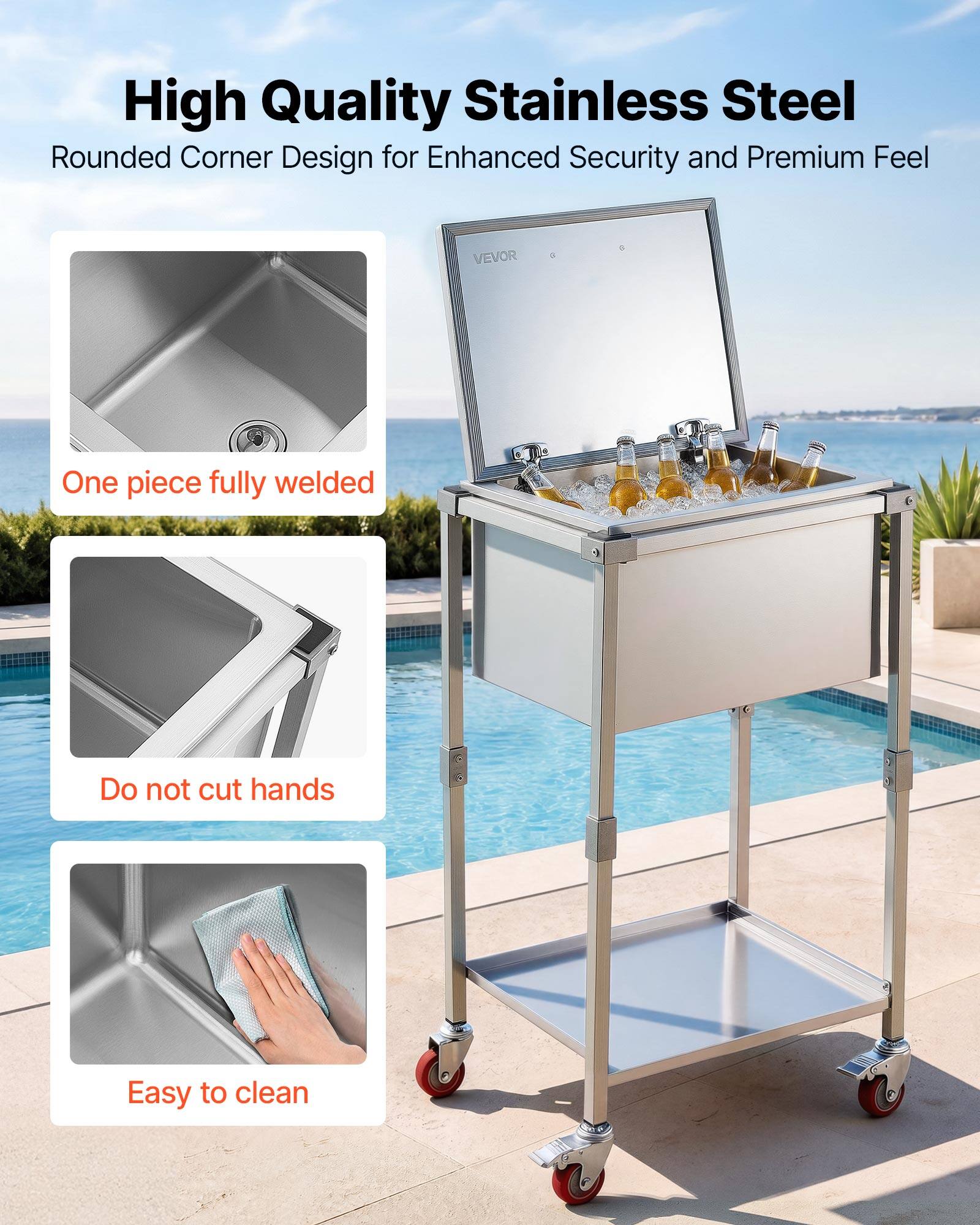 High Quality Stainless Steel  
Rounded Corner Design for Enhanced Security and Premium Feel  

VEVOR  

One piece fully welded  
Do not cut hands  
Easy to clean