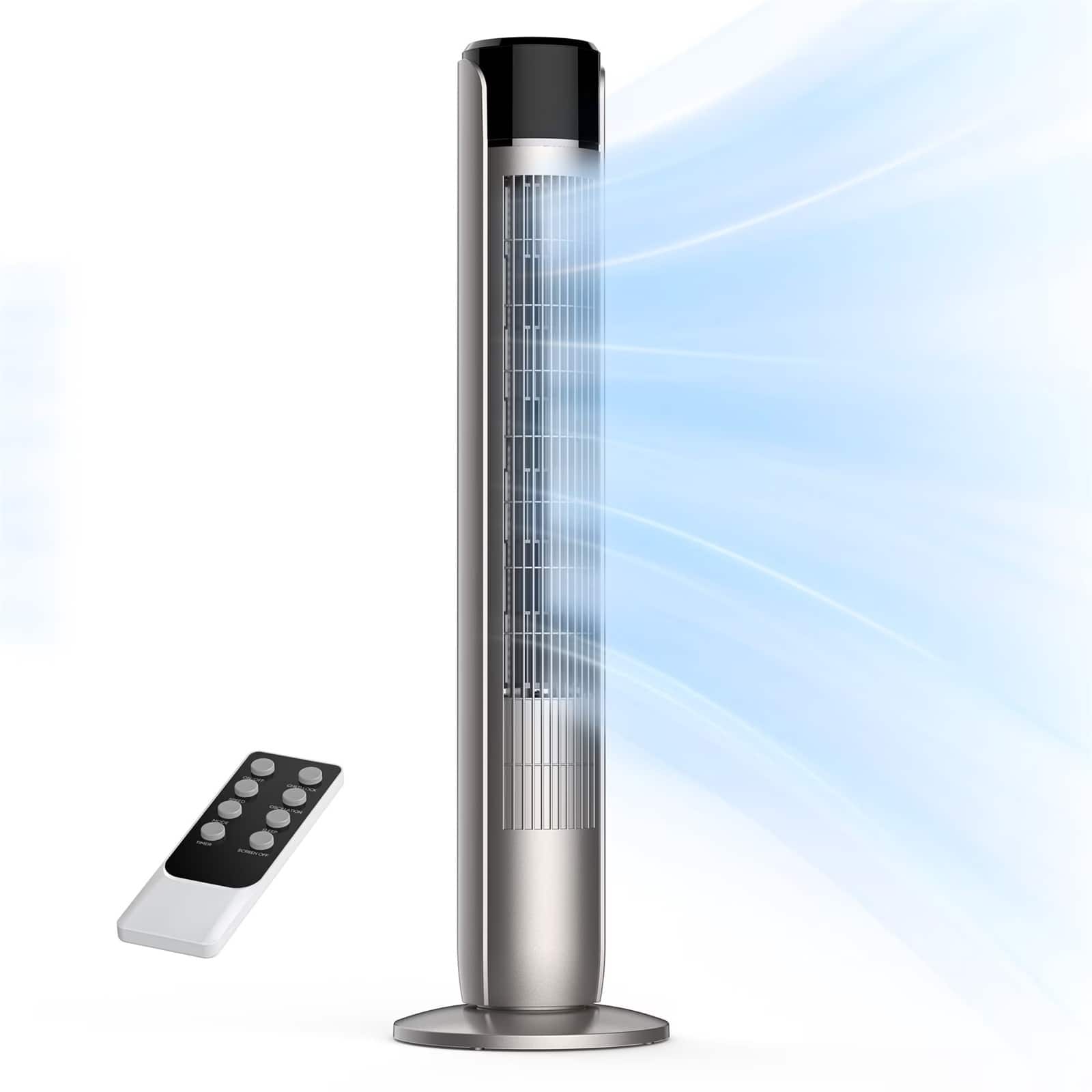 Sweet - 36" Bladeless Tower Fan with 4 Speeds, 60° Oscillation, Remote Control & 12-Hour Timer - Gray