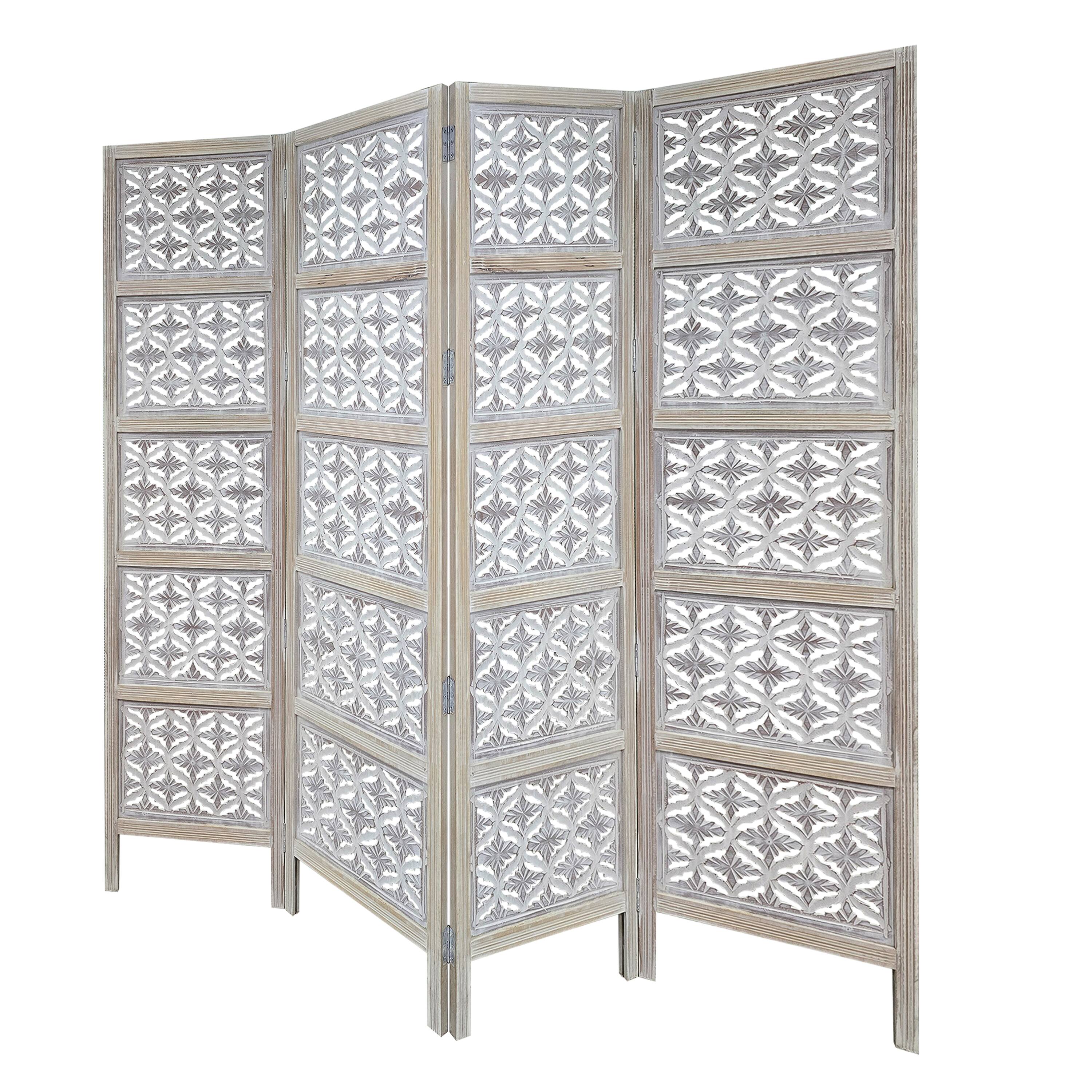 Alt View 1. Manhattan Lane - Taj 4 Panel Folding Room Divider Screen, Antique White Mango Wood, Floral Carved Design - White.