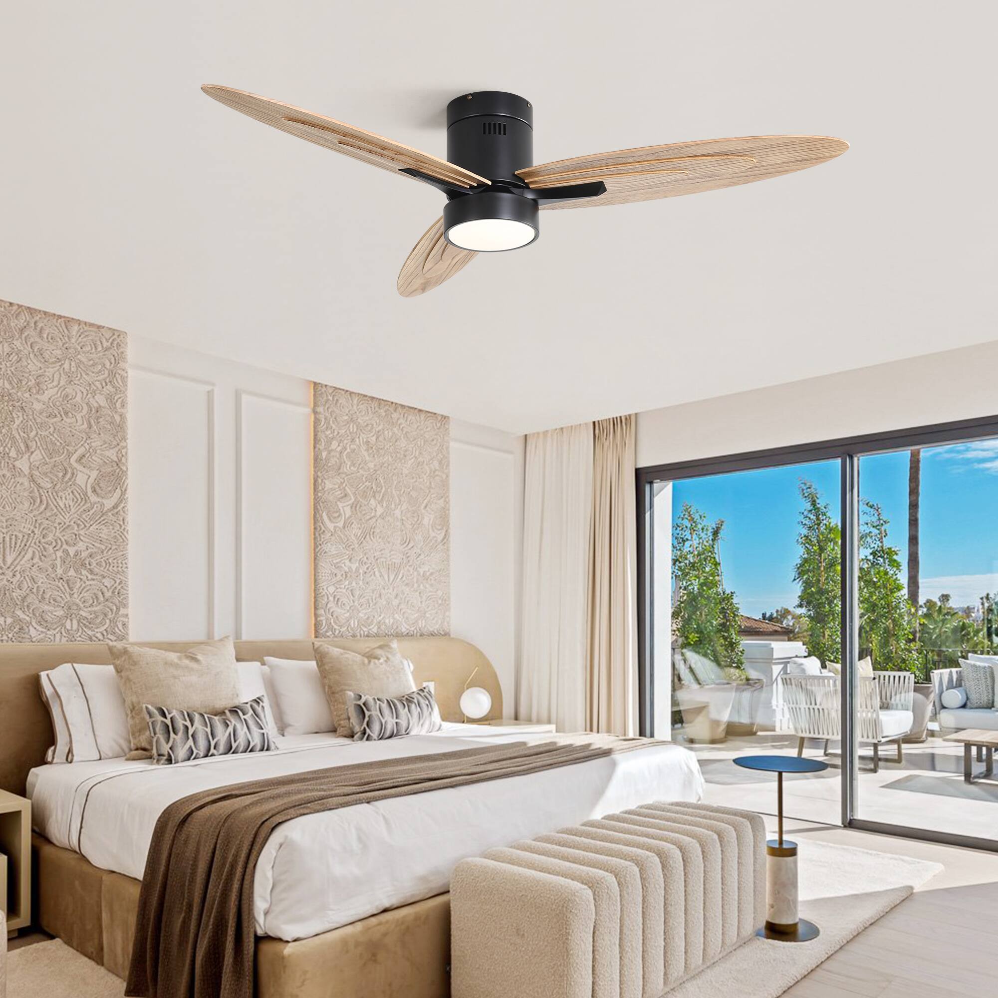 Alt View 2. Sofucor - 56 Inch Natural Wood Ceiling Fan with Lights and Remote Bedroom Farmhouse Flush Mount Ceiling Fan Reversible DC - Black.