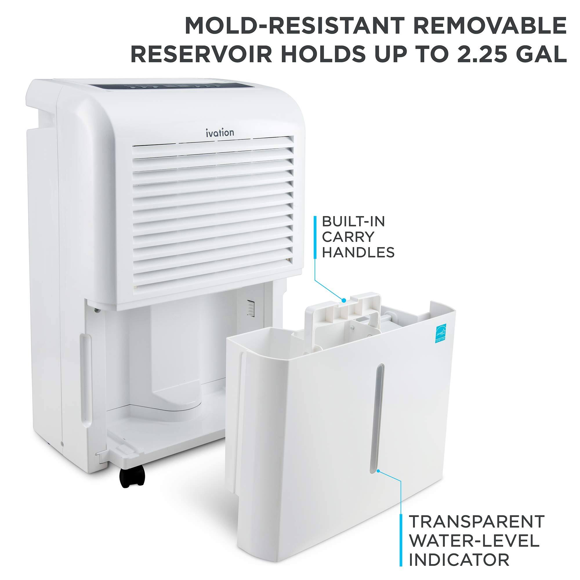 MOLD-RESISTANT REMOVABLE RESERVOIR HOLDS UP TO 2.25 GAL ivation BUILT-IN CARRY HANDLES TRANSPARENT WATER-LEVEL INDICATOR