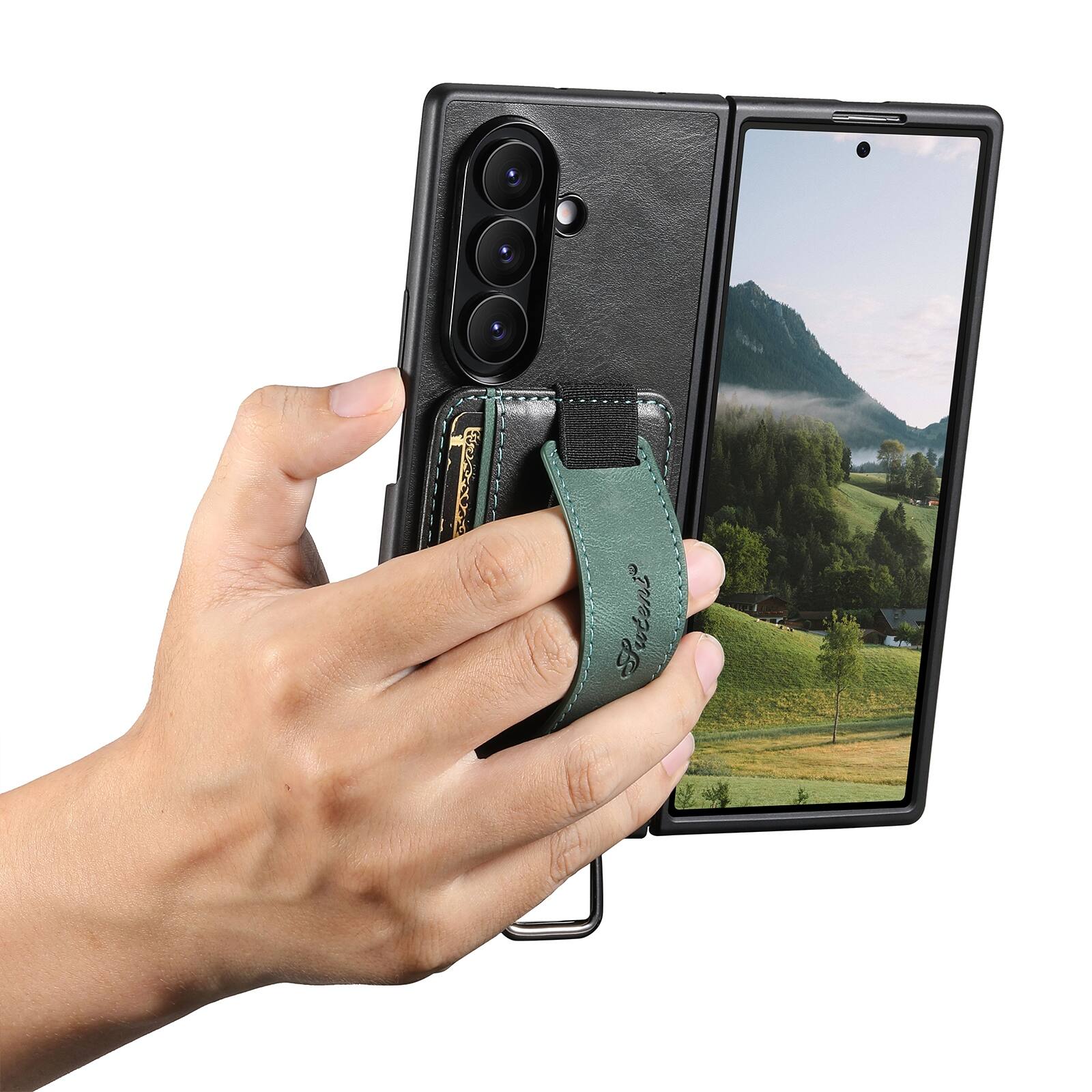 Left. Dteck - Wallet Case for Samsung Galaxy Z Fold 8 Ultra, Oil Wax PU Leather Retro Business Card Holder Wrist Strap Stand Cover - Black.