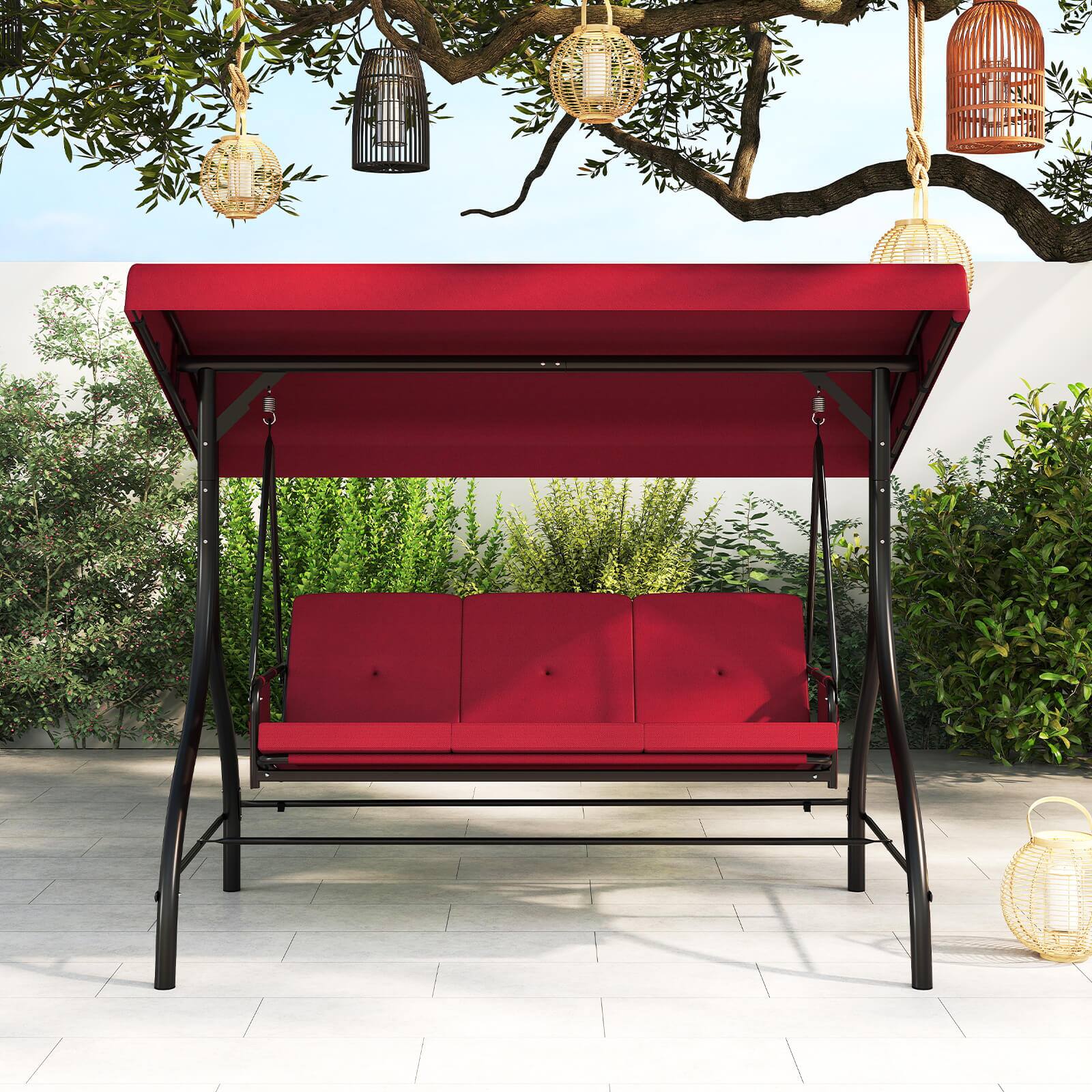 Alt View 3. Costway - Costway 3-Seat Patio Swing with Canopy with Removable Cushions & Side Pockets Stand - Red.