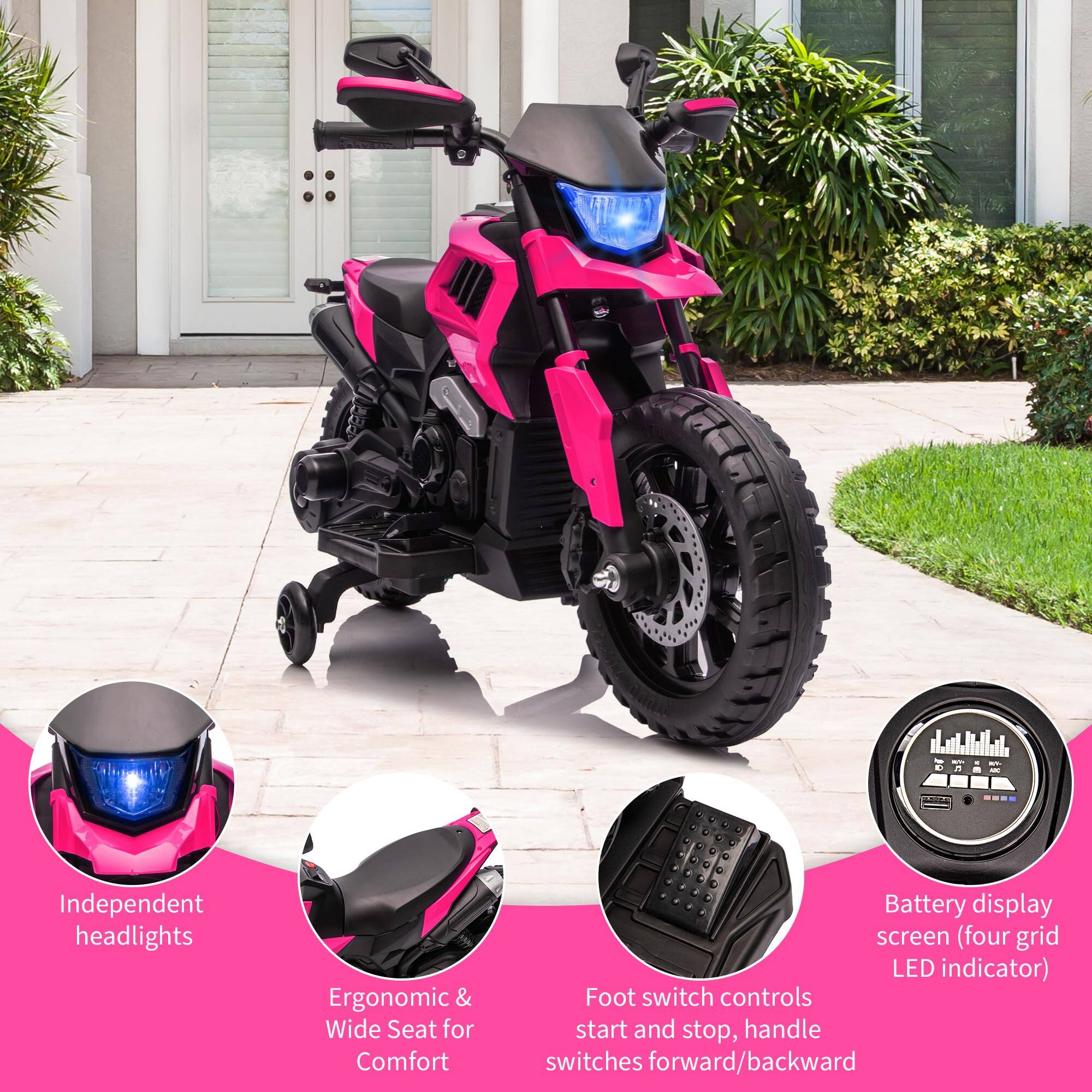 - Independent headlights
- Ergonomic & Wide Seat for Comfort
- Battery display screen (four grid LED indicator)
- Foot switch controls start and stop, handle switches forward/backward