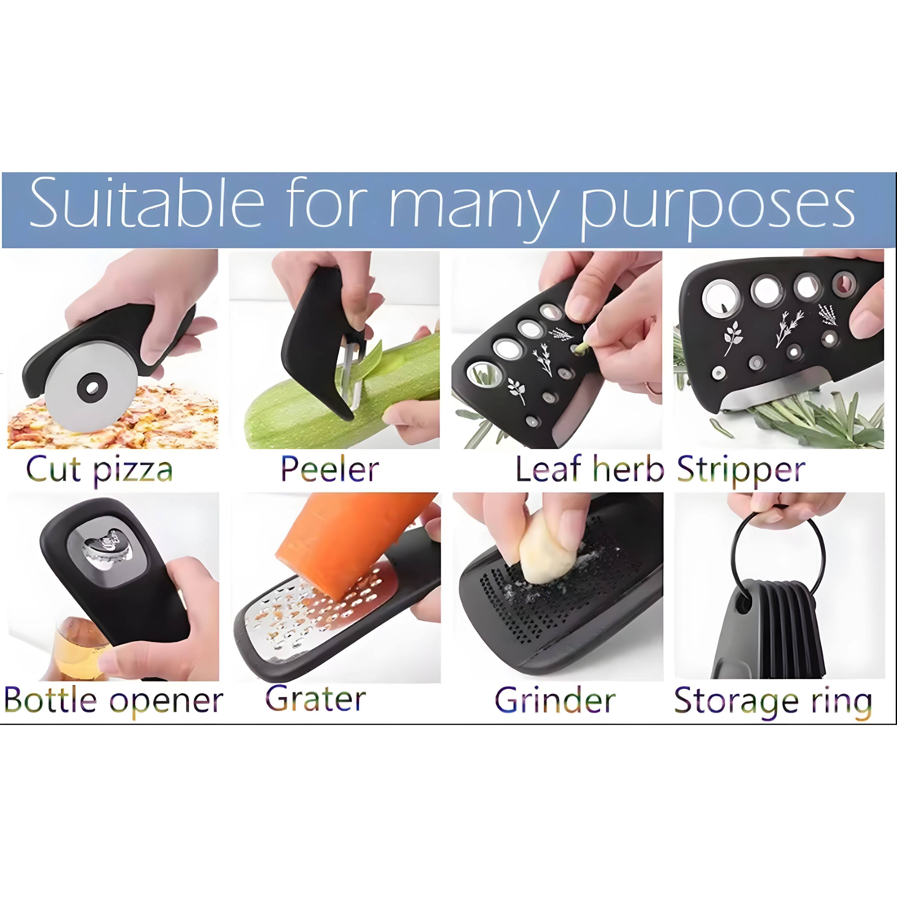 Suitable for many purposes

- Cut pizza
- Peeler
- Leaf herb Stripper
- Bottle opener
- Grater
- Grinder
- Storage ring
