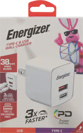 Energizer TYPE-C & USB WALL CHARGER
38 watt POWER DELIVERY
3x FASTER CHARGING Power Delivery FROM 0 TO 50% IN JUST 30 MINUTES!
TYPE-C & USB PORTS
3x FASTER*
Power Delivery
USB TYPE-C