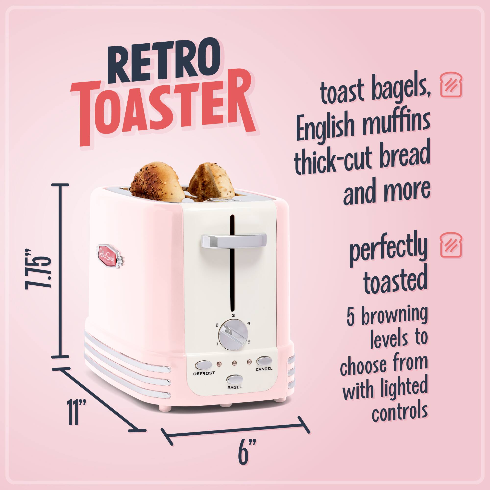 RETRO TOASTER

toast bagels, English muffins, thick-cut bread and more

perfectly toasted

5 browning levels to choose from with lighted controls

7.75" x 11" x 6"