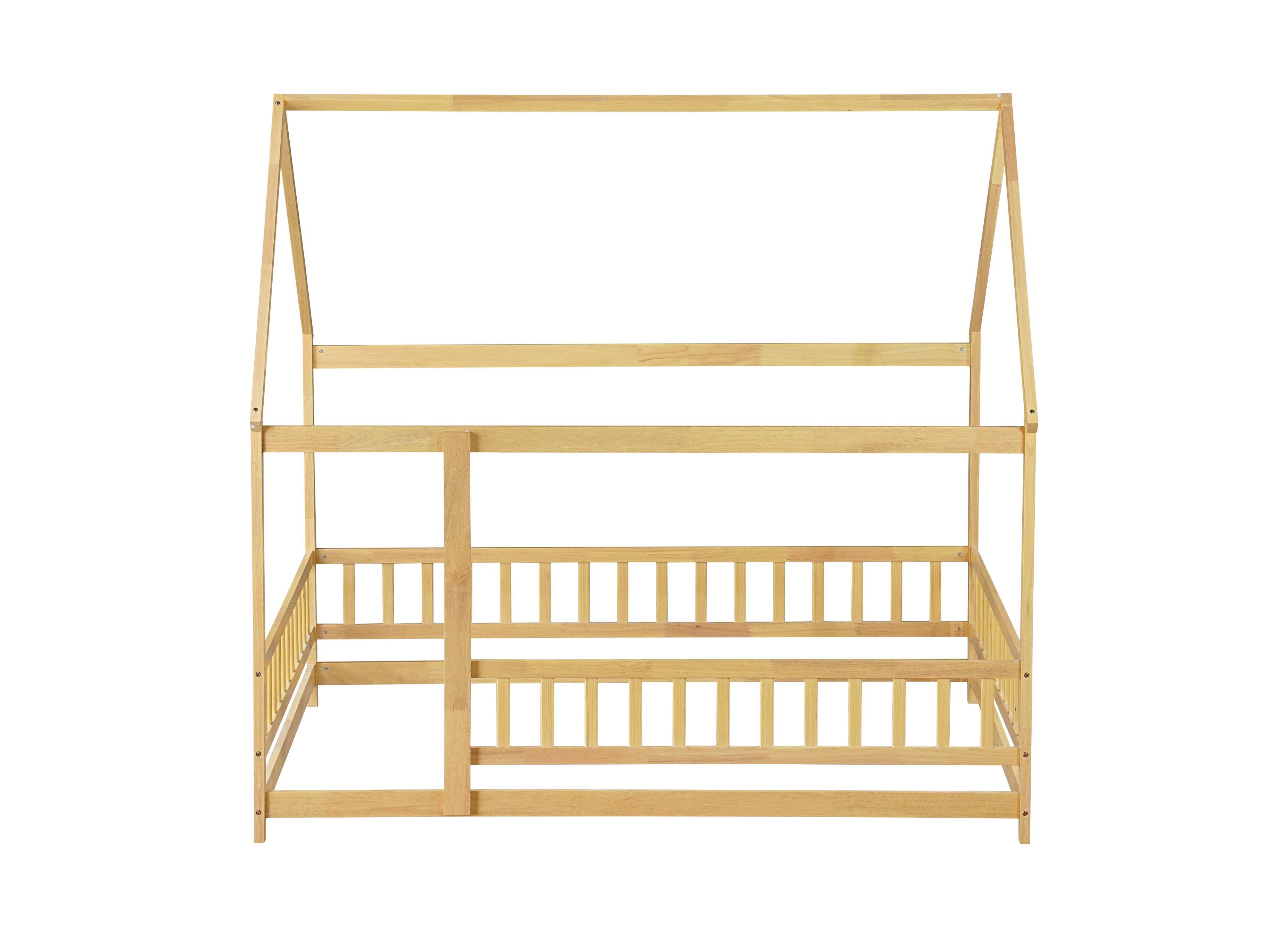 Alt View 6. Tiramisubest - Full Size House Floor Wooden Bed with Roof Frame, Safety Guardrails,Natural - Natural.