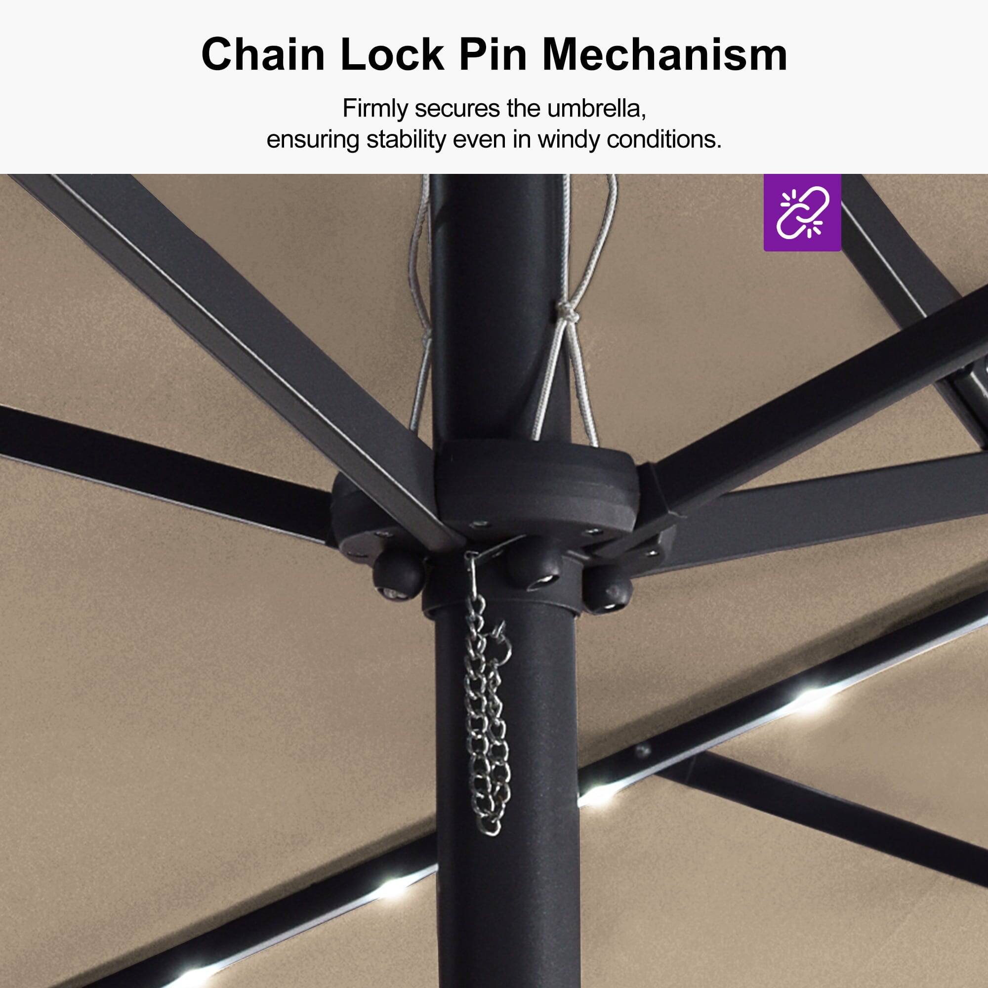 Chain Lock Pin Mechanism  
Firmly secures the umbrella, ensuring stability even in windy conditions.