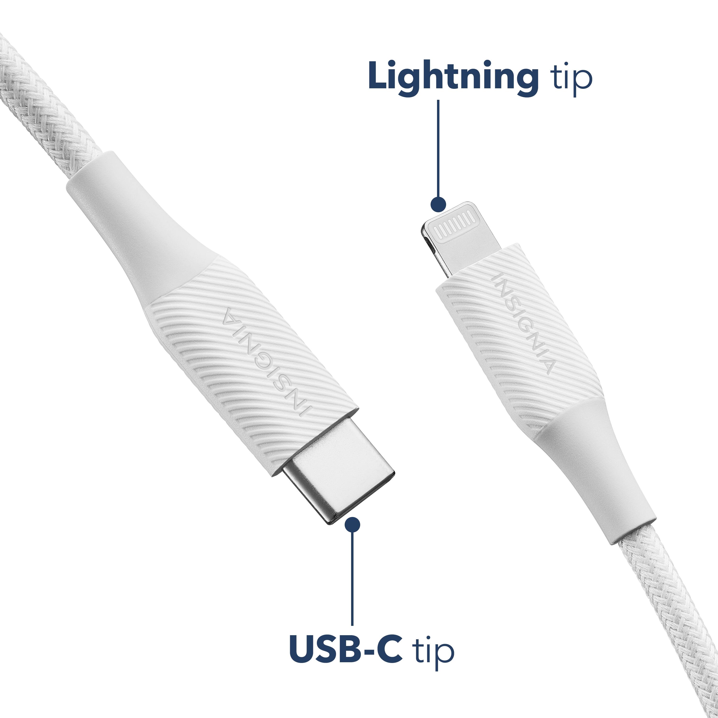 Lightning tip: A white lightning connector on a white cord.
USB-C tip: A white USB-C connector on a white cord.