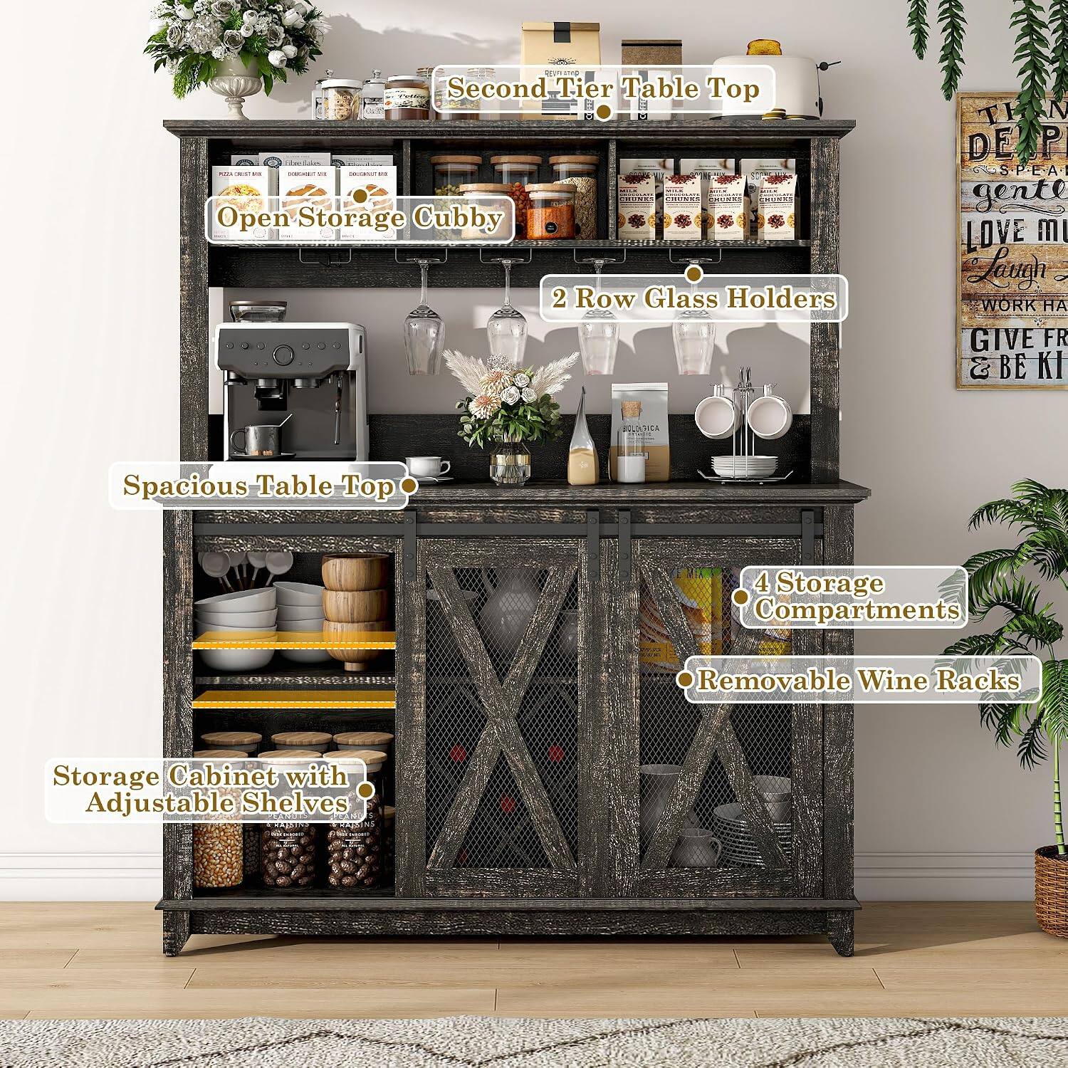 REVA coop Second Tier Table Top ... Herefales KIL OMAN USA - VIA COLICANT USA Open Storage Cubby 2 Row Glass Holders

Spacious Table Top

4 Storage Compartments

Removable Wine Racks

Storage Cabinet with Adjustable Shelves