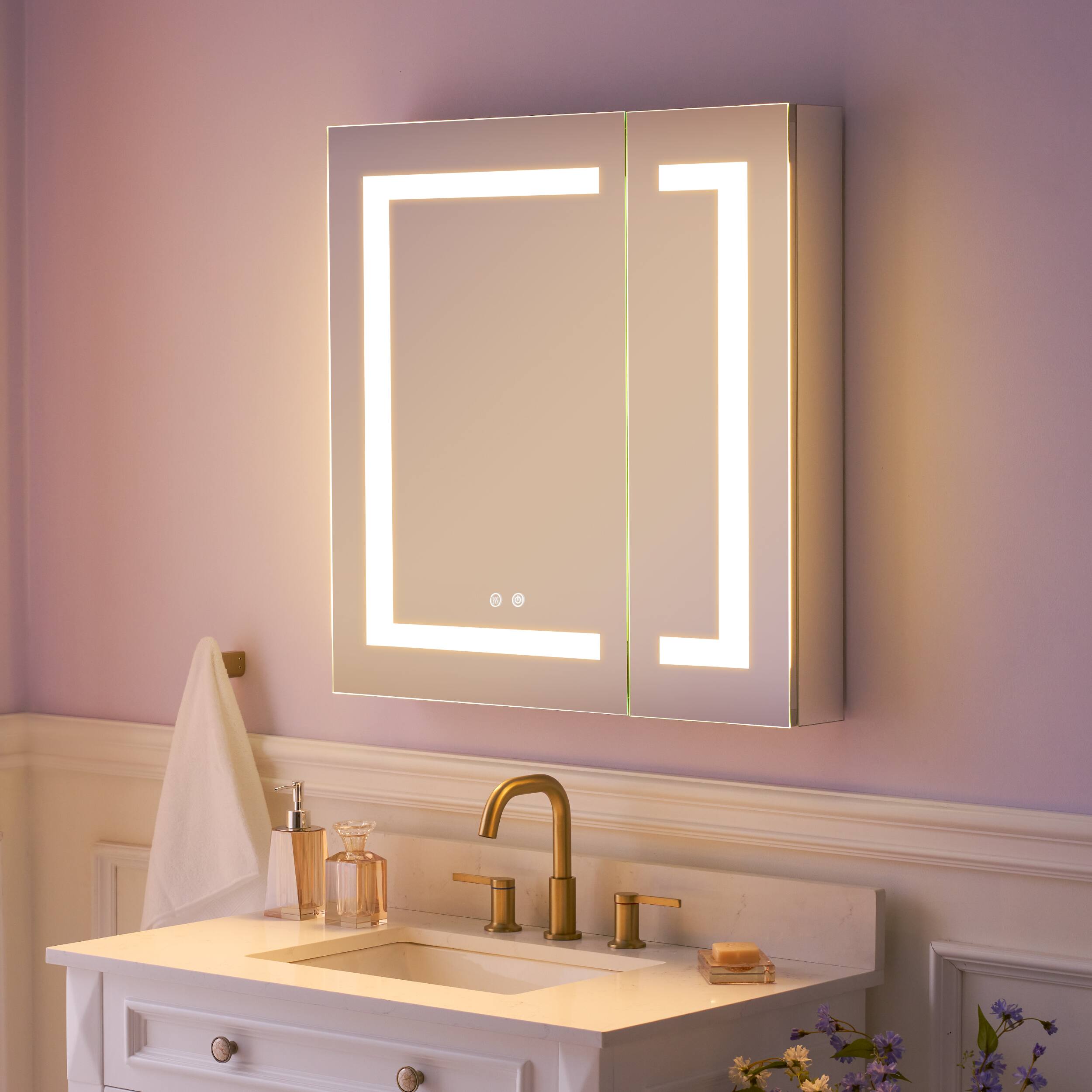 WELLFOR - 30 in. W x 30 in. H Aluminum Recessed or Surface Mount Medicine Cabinet with Mirror and Lighted - Silver