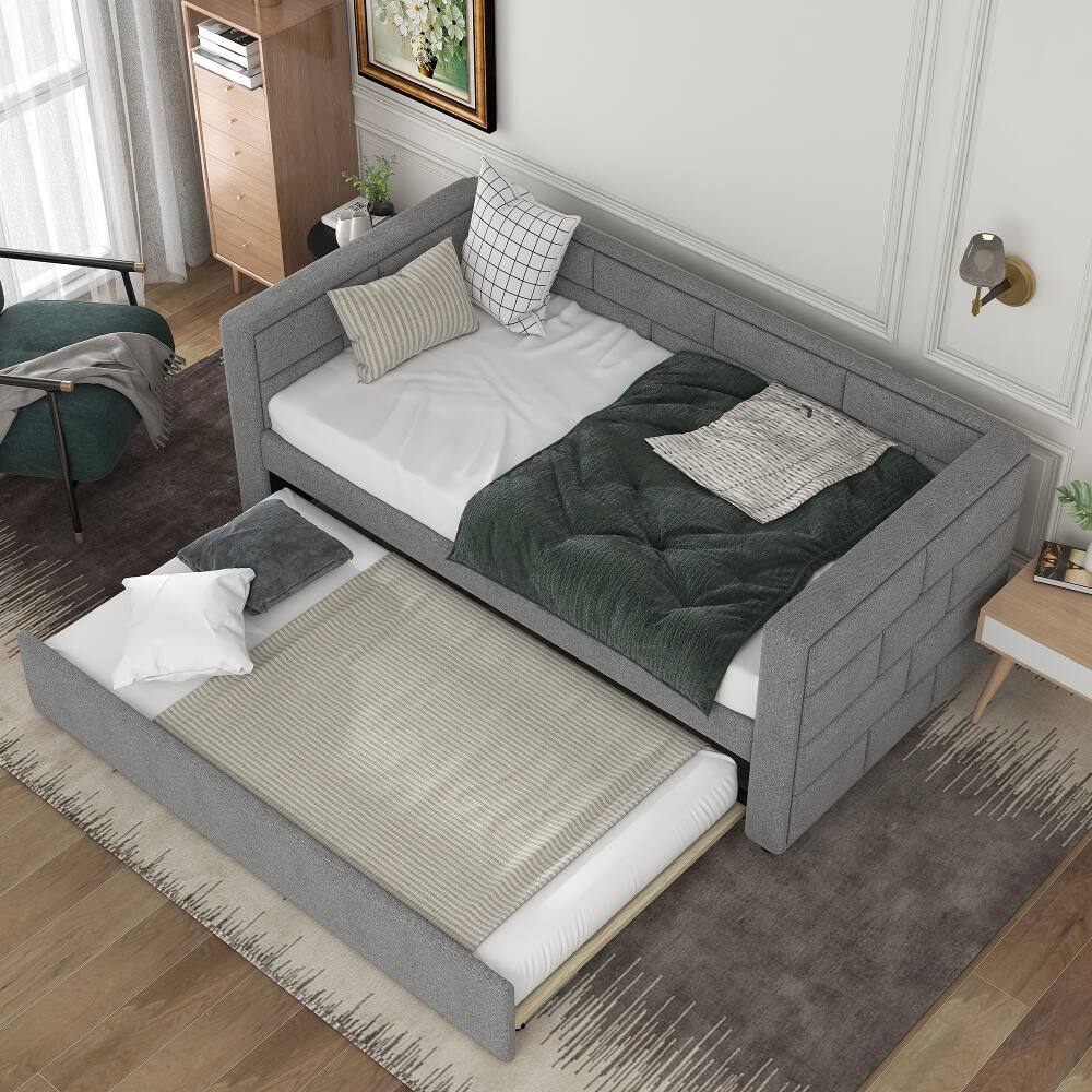 Back. Loheer - Loheer Twin Daybed with Trundle, Gray Upholstered Guest Bed with Padded Back, No Box Spring Needed - Gray.