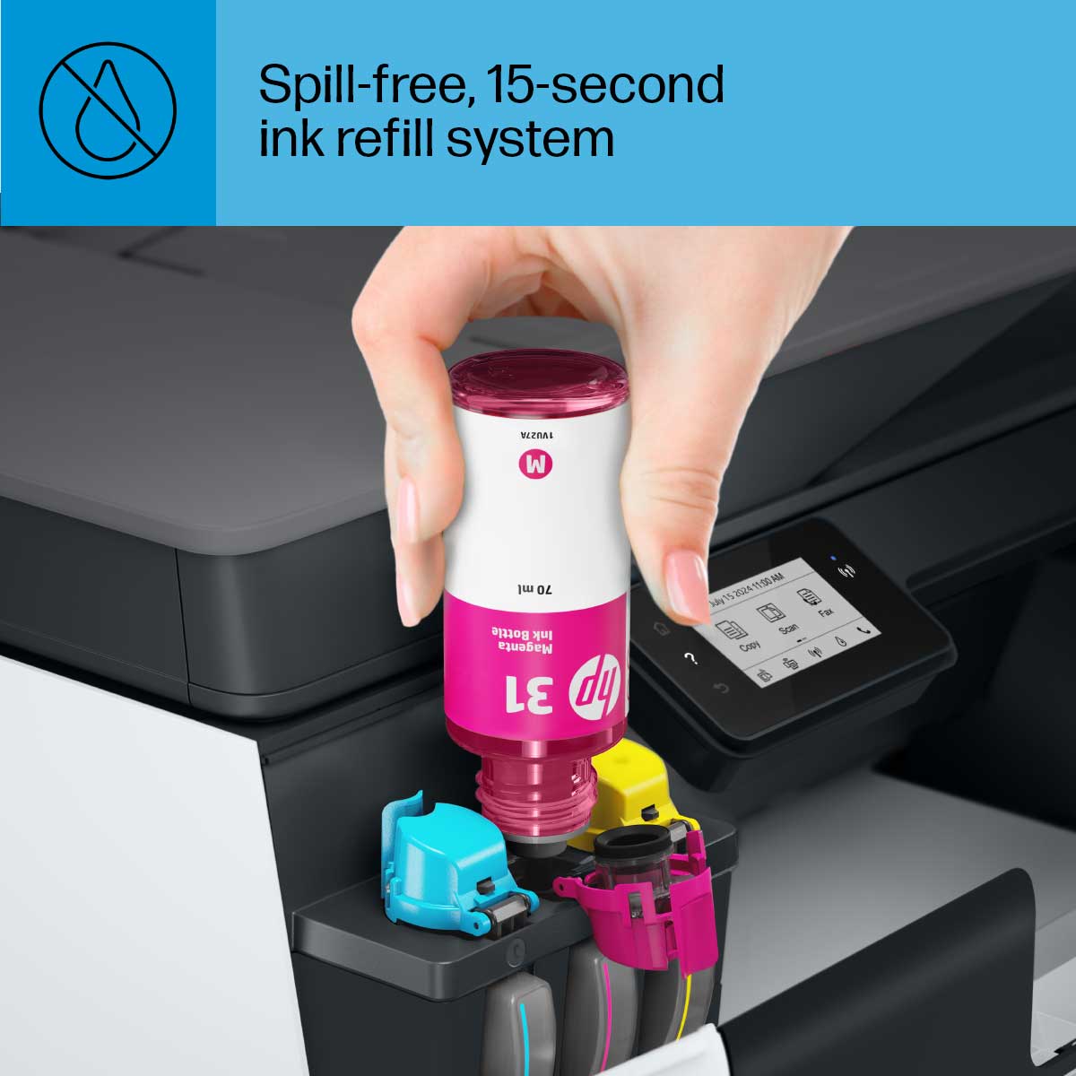 Spill-free, 15-second ink refill system

MEZBAL M ml 70 Bottle Ink Magenta 31 d4 y15202450 11:50 AM hi 15204 Fa Scan 2 CaN 4