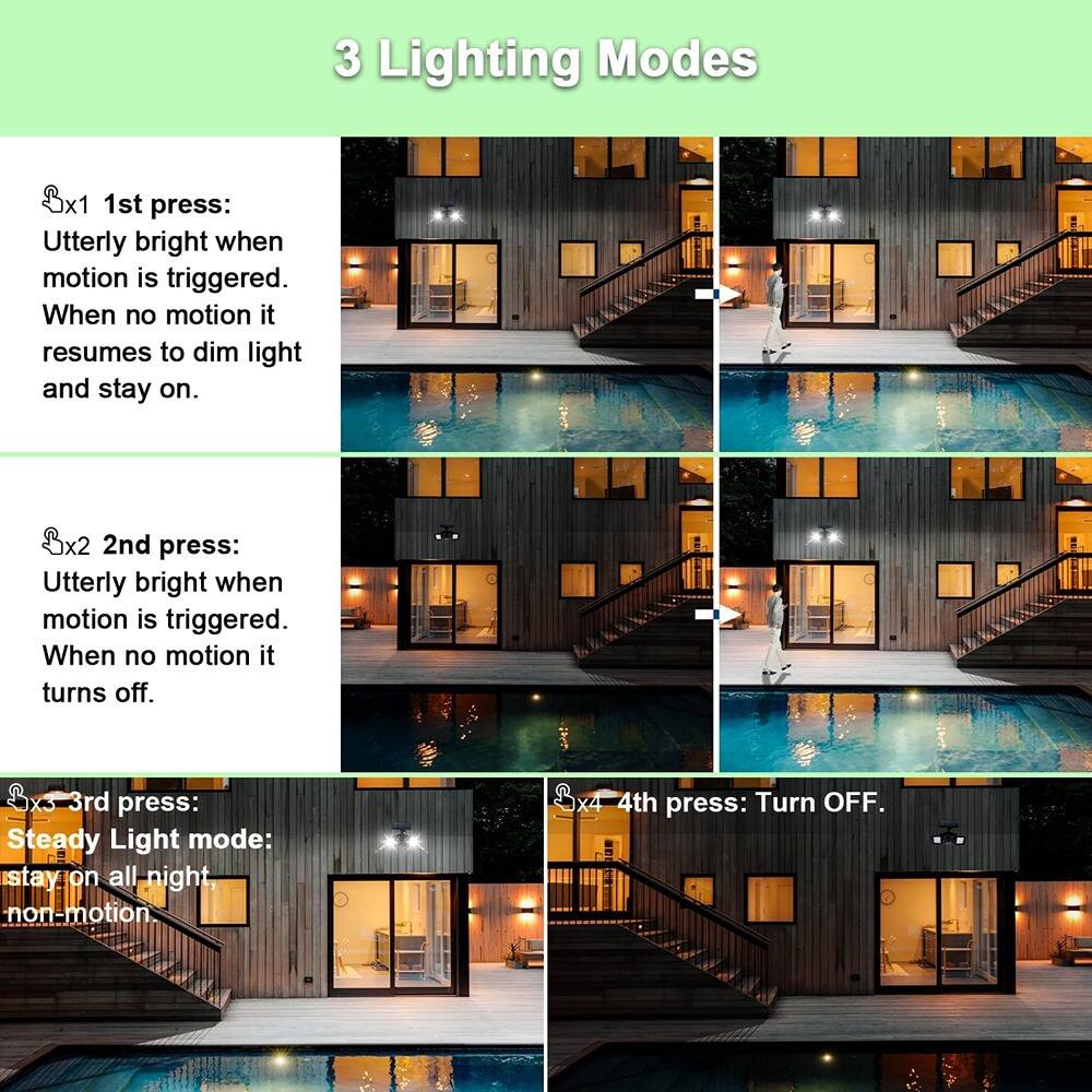 3 Lighting Modes

- **1st press:** Utterly bright when motion is triggered. When no motion it resumes to dim light and stay on.
- **2nd press:** Utterly bright when motion is triggered. When no motion it turns off.
- **3rd press:** Steady Light mode: stay on all night, non-motion.
- **4th press:** Turn OFF.