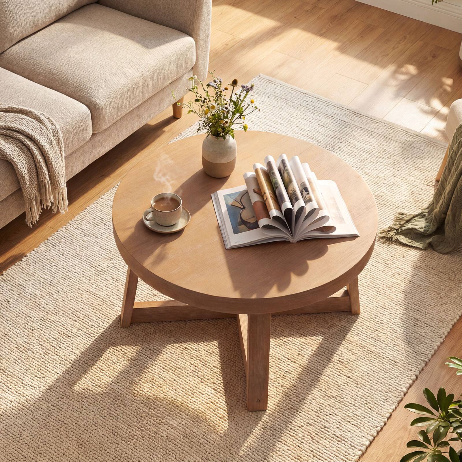 Alt View 4. Gymax - Gymax 30'' Round Coffee Table w/Solid Wood Cross-Shaped Base.Farmhouse Accent Tea Table - Yellow.