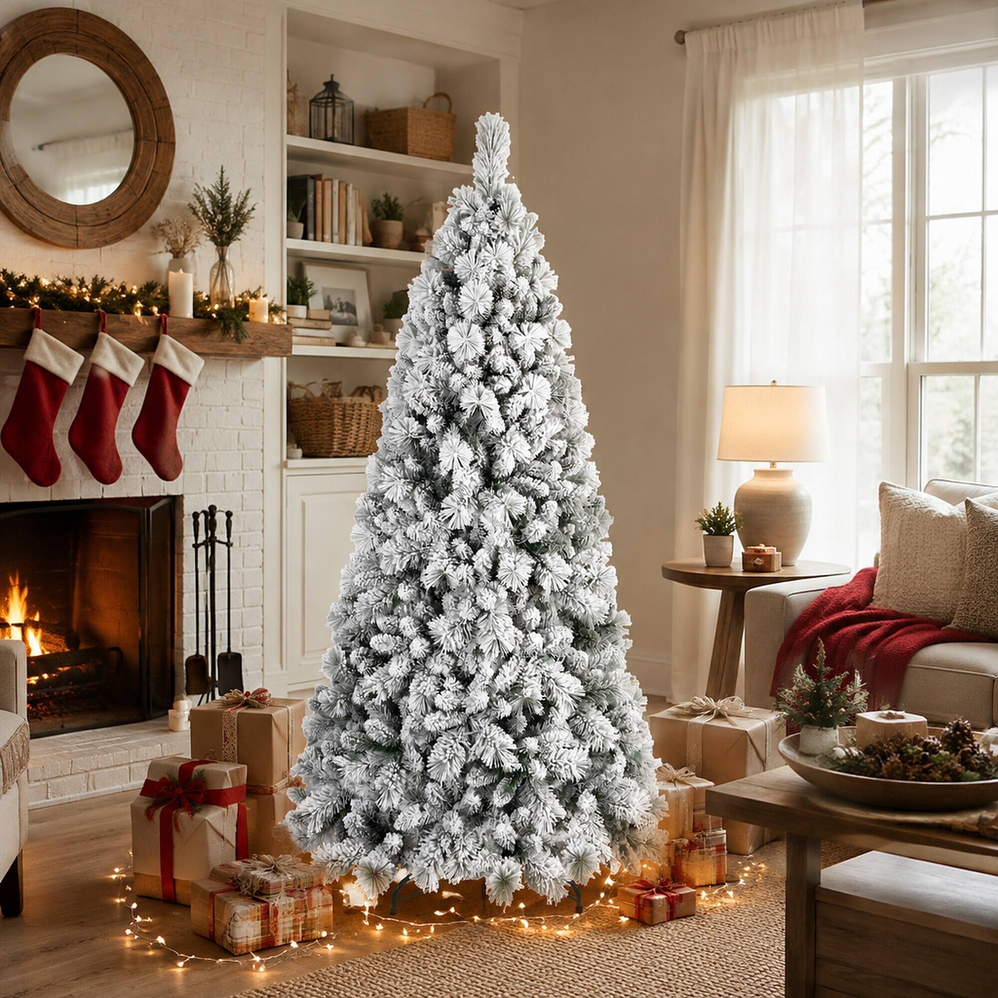 Angle. RYHNUYNE - 4FT Flocked Christmas Tree, 350 Snowy PVC Hard Needle Branches Hinged Design Easy Setup Stable Metal Stand - Green,White.