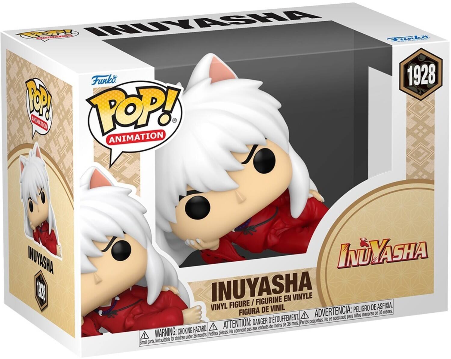 Sure, here is the corrected and grouped text from the image:

---

**Top Left:**
- POP! ANIMATION

**Top Right:**
- Funko POP! ANIMATION

**Center:**
- INUYASHA

**Bottom Left:**
- WARNING: CHOKING HAZARD - Small parts. Not suitable for children under 36 months.

**Bottom Center:**
- FIGURA DE VINIL / FIGURINE EN VINYLE / VINYL FIGURE

**Bottom Right:**
- ADVERTENCIA: PELIGRO DE ASFIXIA. Partes pequeñas. No es adecuado para niños menores de 36 meses.
- ATTENTION: DANGER D'ÉTOUFFEMENT. Petites pièces. Ne convient pas aux enfants de moins de 36 mois.

**Right Side:**
- 1928

**Bottom Right (Logo):**
- INUYASHA

---