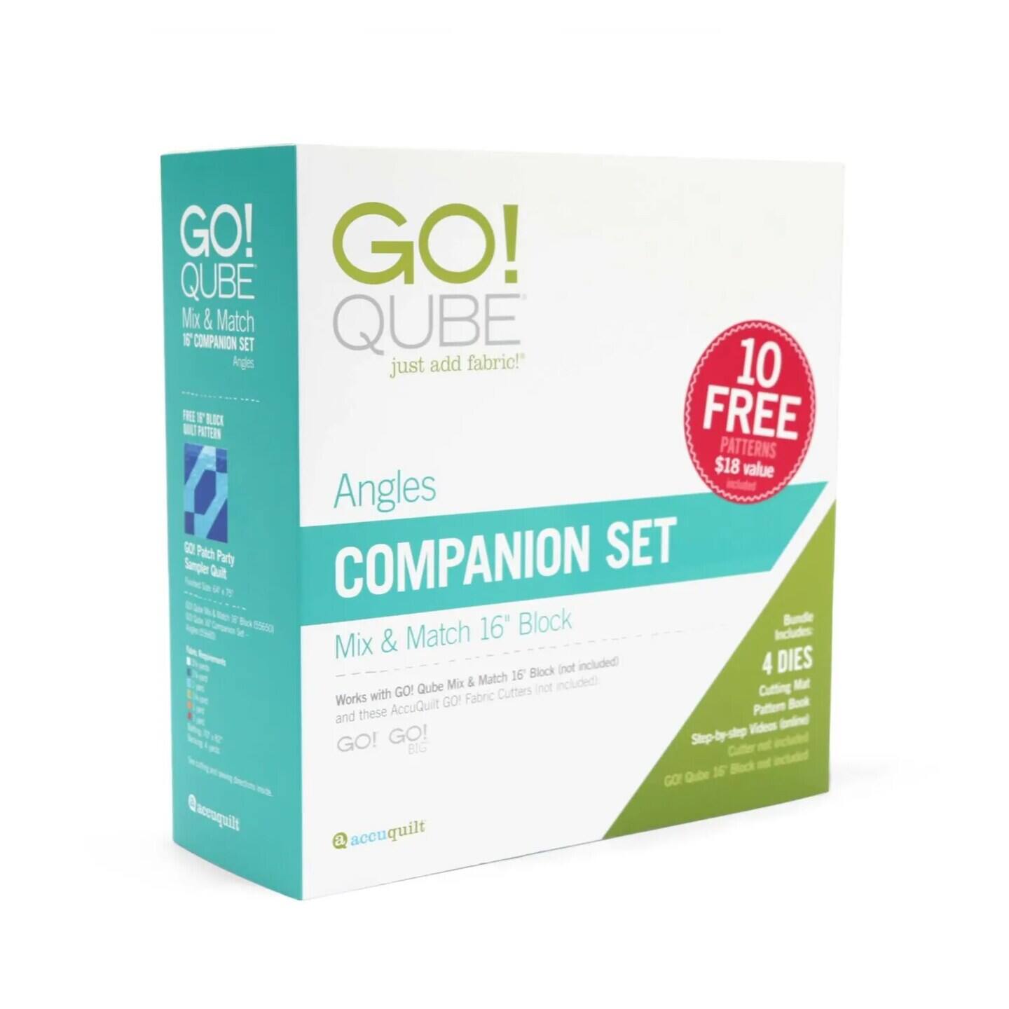 GO! QUBE Mix & Match QUBE F COMPANION SET Angles just add fabric!" 10 FREE PATTERNS $18 value. Angles COMPANION SET Mix & Match 16" Block. Includes 4 DIES, Pattern Book, Cutting Mat, Step-by-step Videos. Works with GO! QUBE Mix & Match and these AccuQuilt Fabric Cutters. GO! QUBE 16" Block not included.