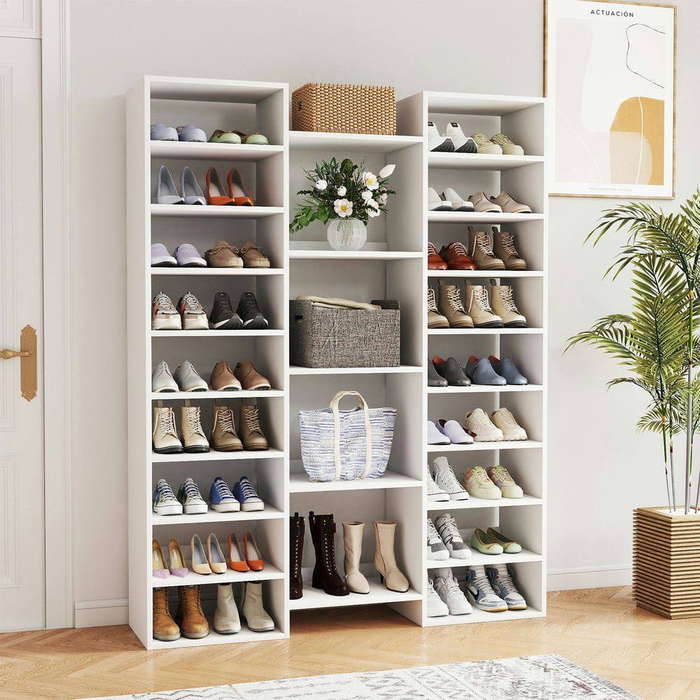 Left. Kadyn - 14-Tier Shoe Rack, White Shoe Storage Cabinet with 22 Open Cubbies, Shelf for Bedroom, Living Room Entrance Hallway - White.