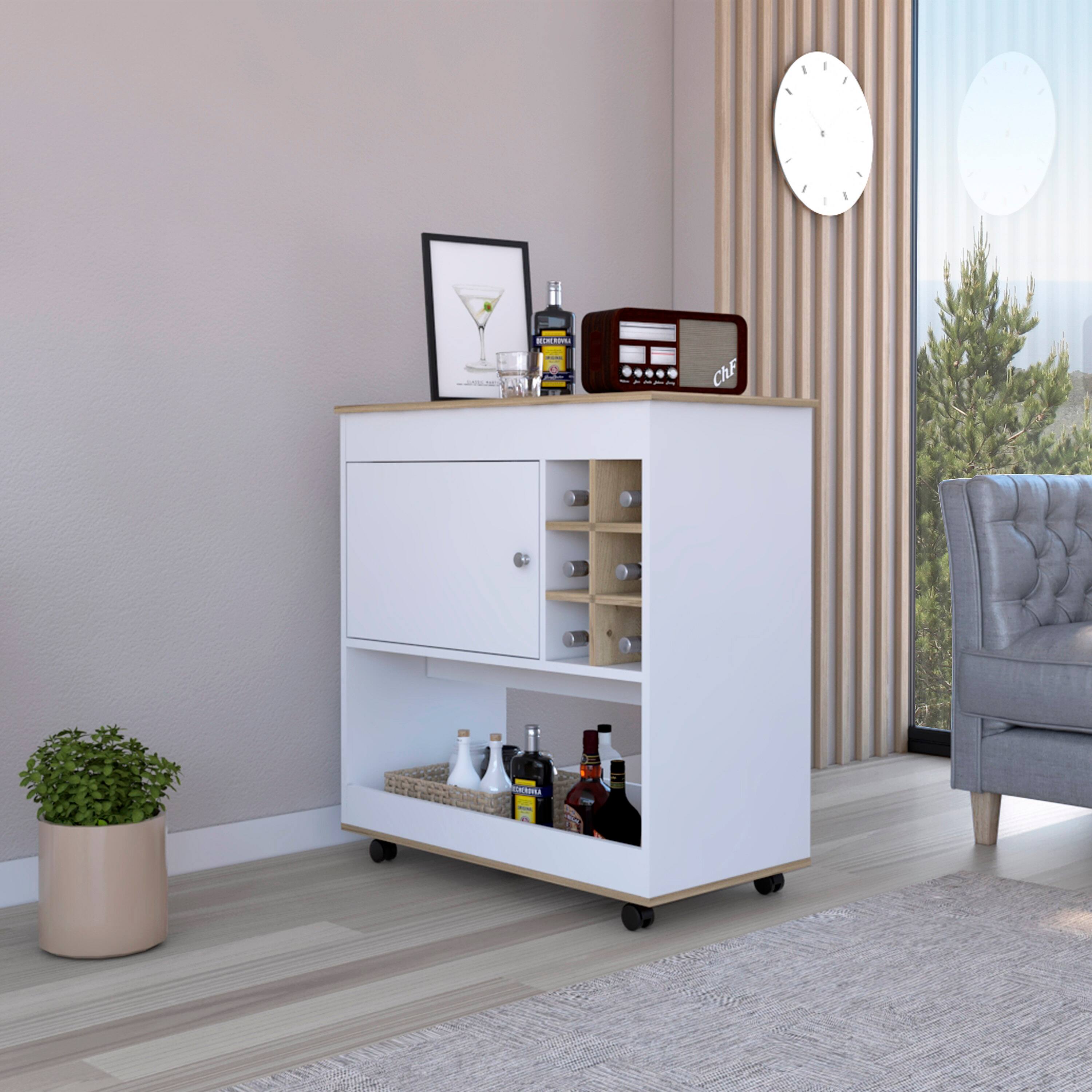 Angle. TuHome - Camelia Bar Cart, Lower Panel, Six Bottle Cubbies, One Cabinet, Living Room or Bar Room - Light Oak / White.