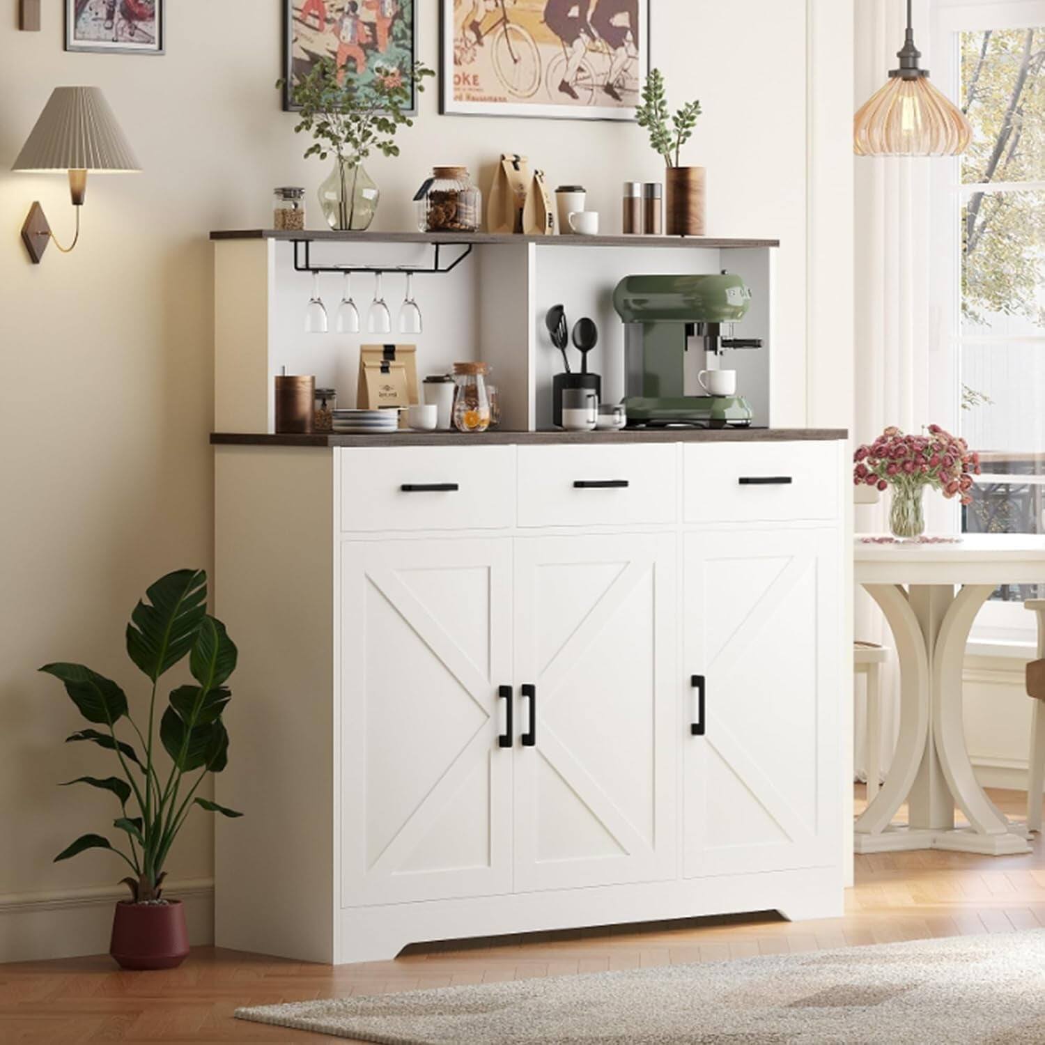Left. Qeetex - White Microwave Cabinet with 3 Drawers, Modern Kitchen Storage Stand with Doors - White.