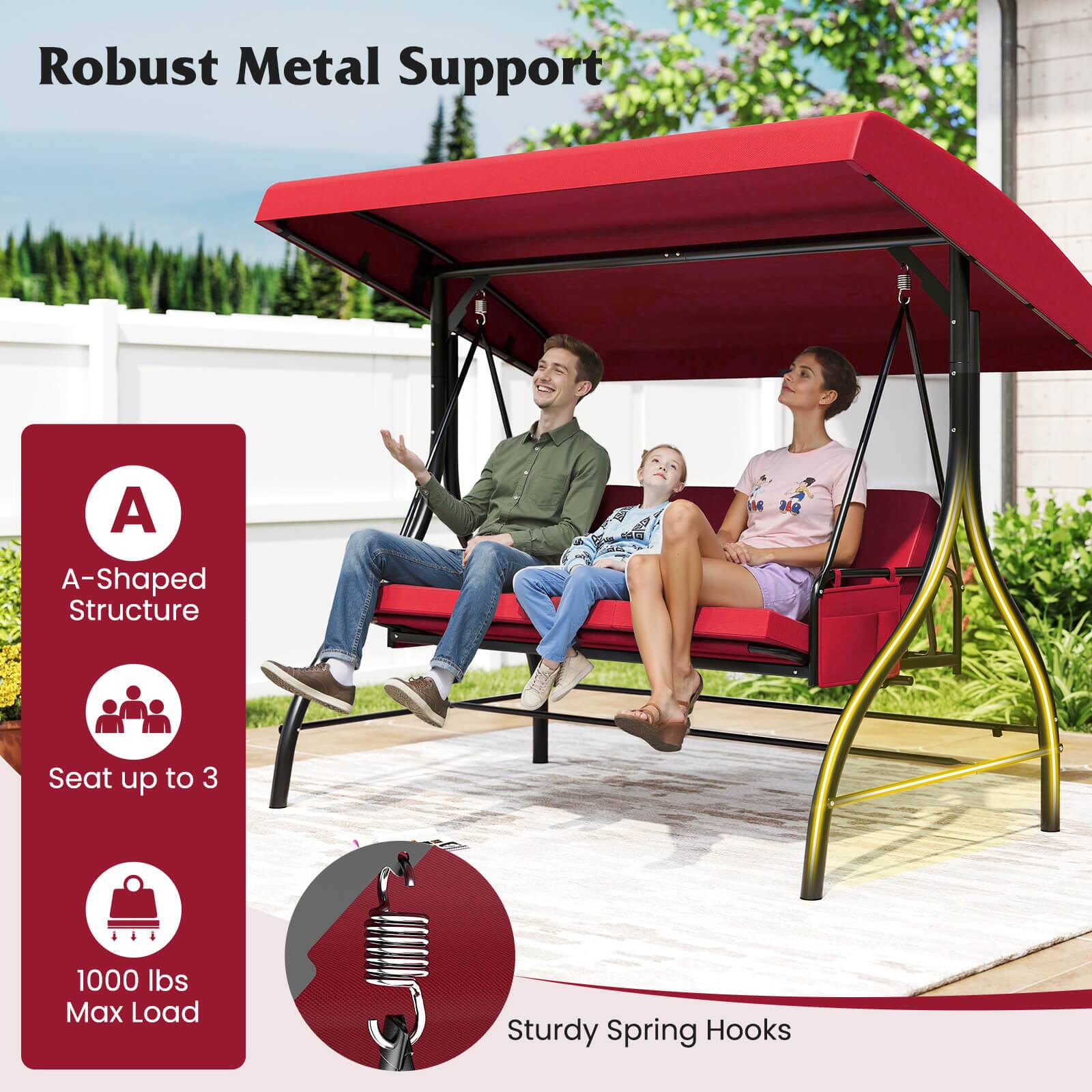 Robust Metal Support

A-Shaped Structure

Seat up to 3

1000 lbs Max Load

Sturdy Spring Hooks