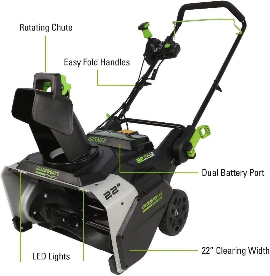 - Rotating Chute
- Easy Fold Handles
- LED Lights
- Dual Battery Port
- 22" Clearing Width
- GREENWORKS COMMERCIAL
- 82SN22
- 82 VOLT
- 22"