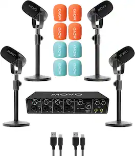 MOVO - Four Person Podcast Equipment Bundle with 4 Channel USB Audio Interface, 4 CastMic Dynamic Mics, and 4 Desk Stands